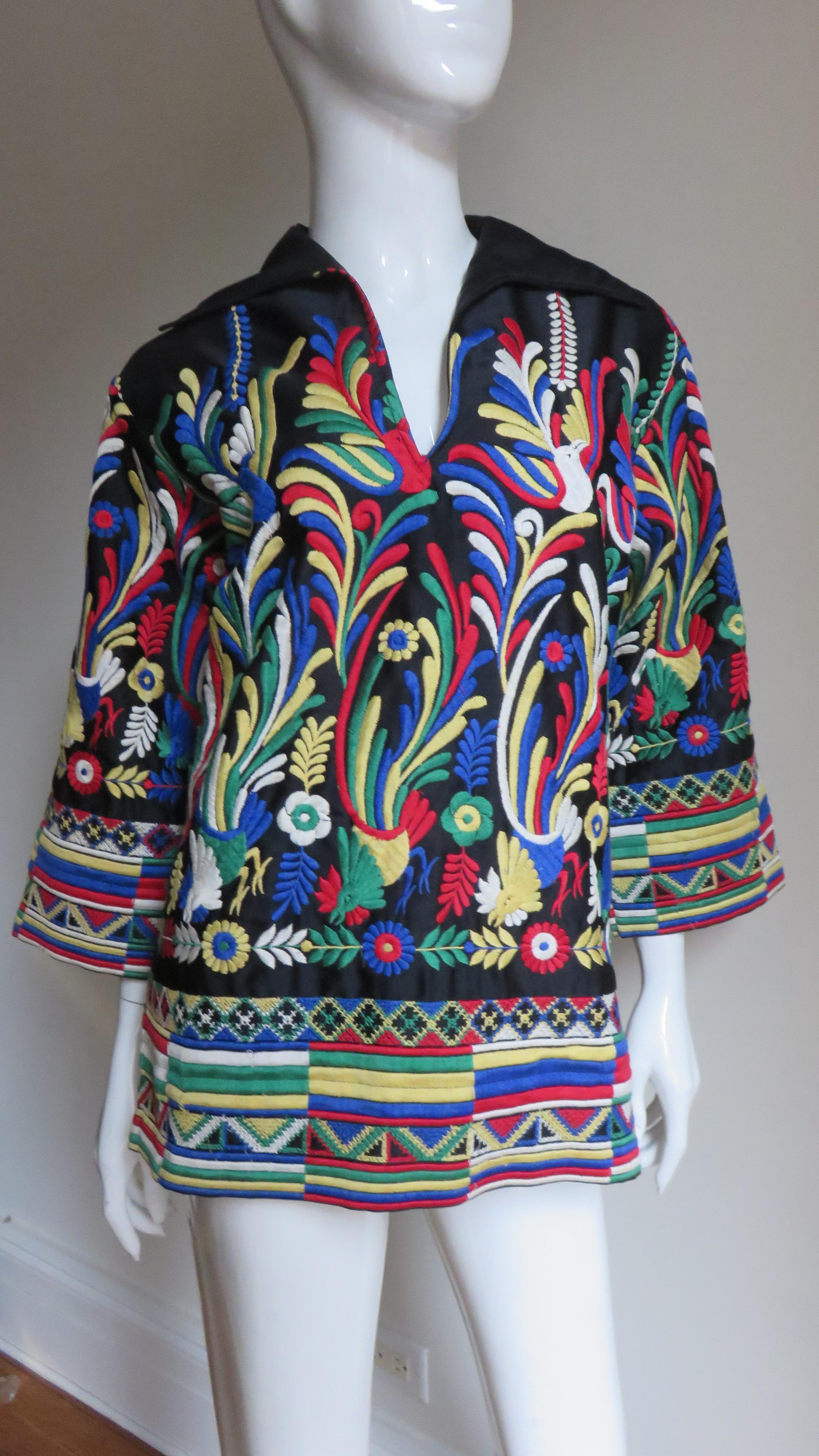 Black Hawaiian Embroidered Shirt 1950s For Sale