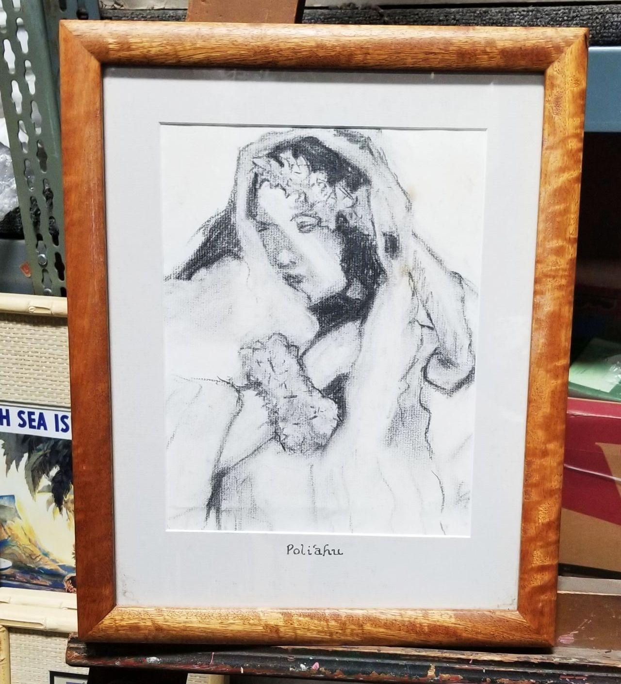 Female portrait charcoal drawling featuring  Poliʻahu a prominent deity in Hawaiian mythology, revered as the goddess of snow, ice, and cold. She is one of the four goddesses associated with Mauna Kea and is known for her grace, beauty, and the