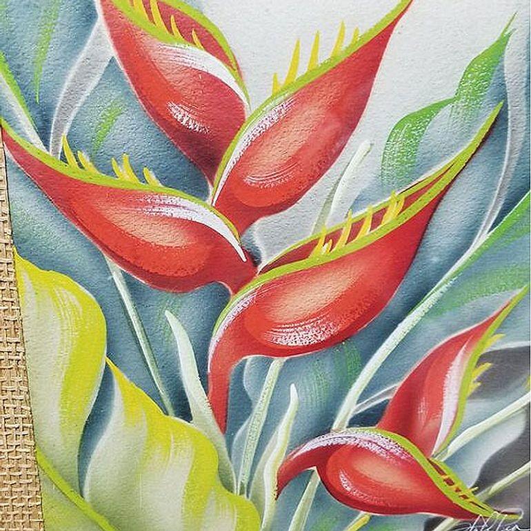 Vintage Mid-century airbrush painting on paper of the Heliconia flower, Signed 