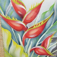 Hawaiian "Heliconia" Airbrush on Paper by Hale Pua (Frank Oda) in Rattan Frame