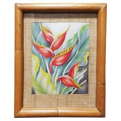 Used Hawaiian "Heliconia" Airbrush on Paper by Hale Pua (Frank Oda) in Rattan Frame