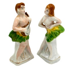 Hawaiian Hula Girl & Native Male Ceramic Statue Pair by Okada China