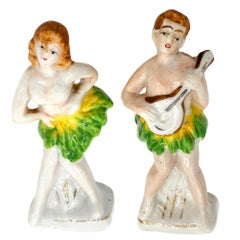 Hawaiian Hula Girl & Native Male Ceramic Statue Pair by Okada China