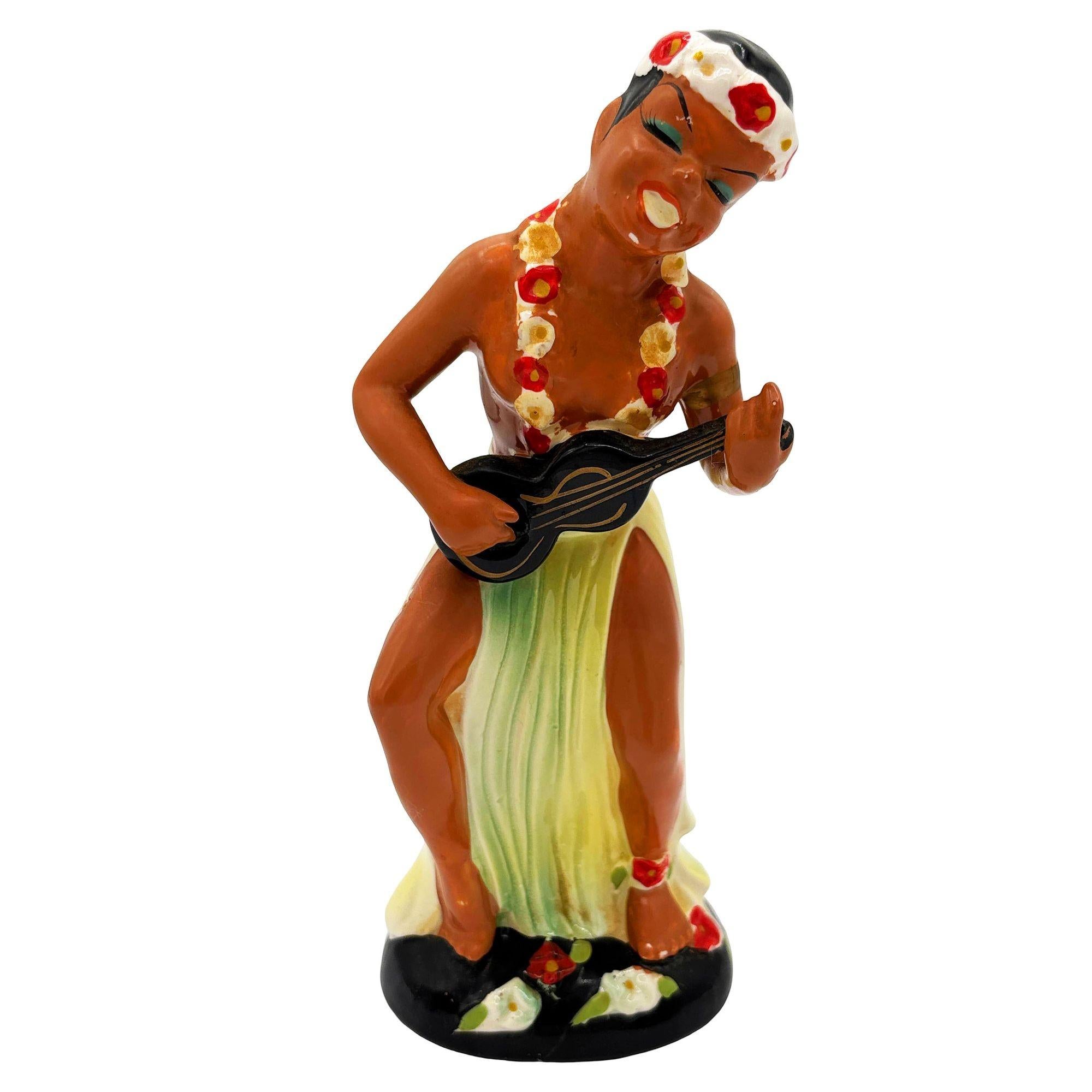 Hawaiian Hula Girl & Ukulele Player Ceramic Statue Set by Kreiss Company in vendita 4