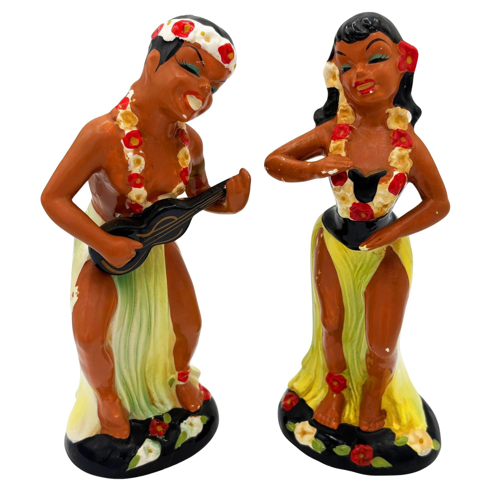 Hawaiian Hula Girl & Ukulele Player Ceramic Statue Set by Kreiss Company