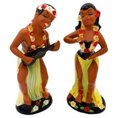 Hawaiian Hula Girl & Ukulele Player Ceramic Statue Set by Kreiss Company