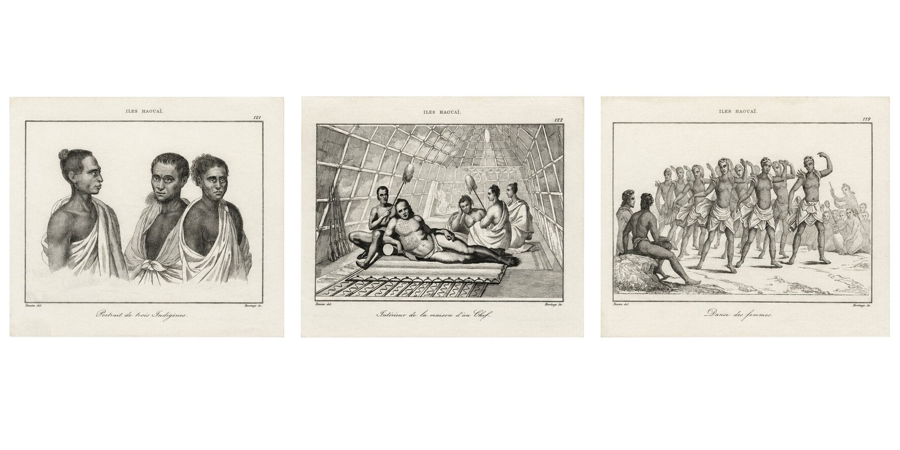 Hawaiian Islanders, Portraits and Cultural Scenes – Three Engravings, Paris 1836