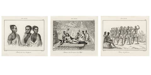 Hawaiian Islanders, Portraits and Cultural Scenes – Three Engravings, Paris 1836