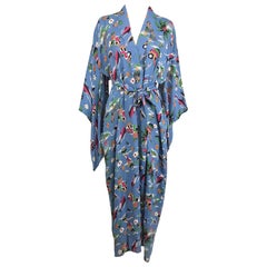 Hawaiian novelty print hula girls surfers palm trees kimono, 1940s