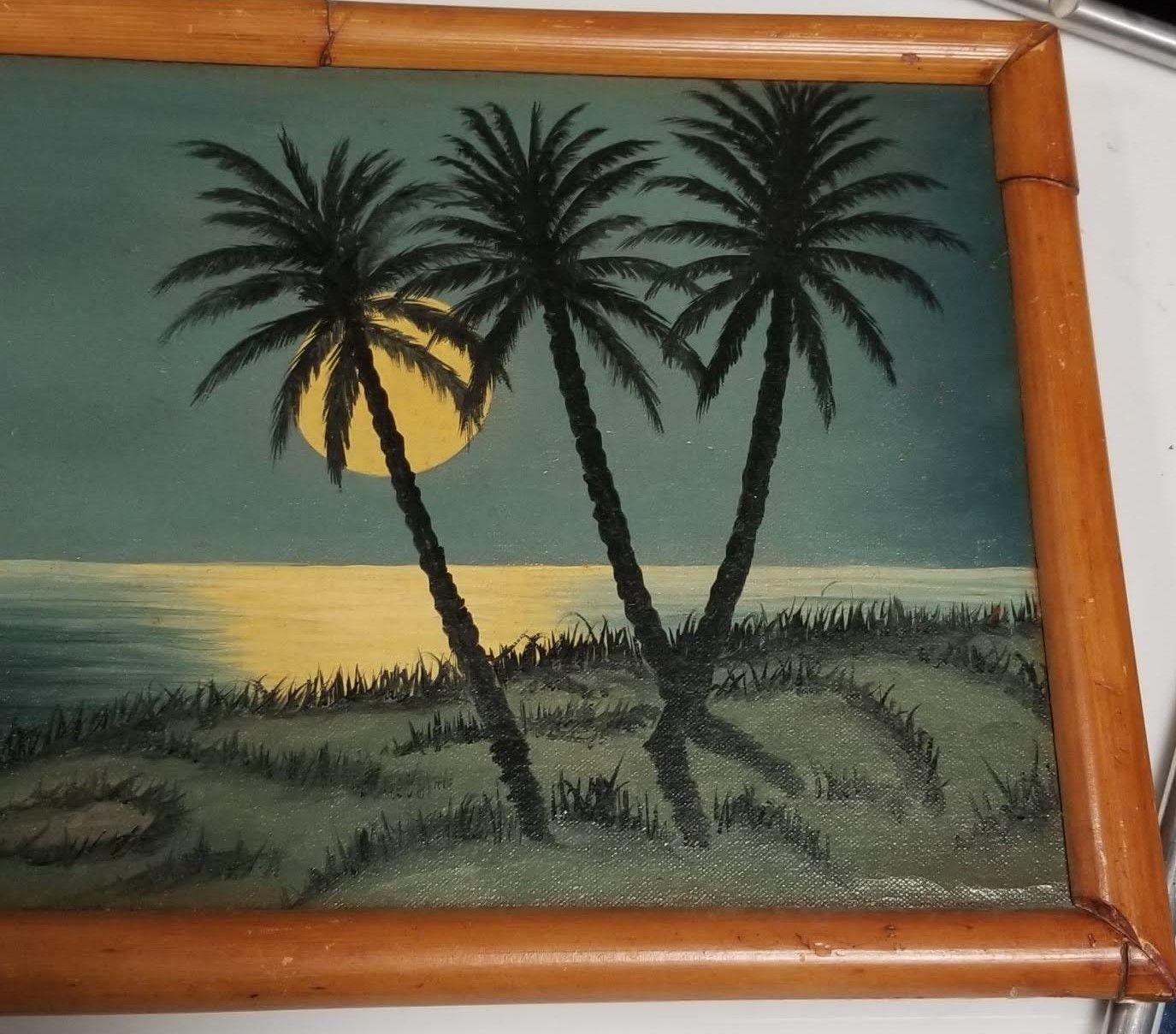 Post-war artwork oil painting on canvas that was mounted on a wood board featuring a full moon scenic beach landscape of an Ocean liner leaving for a trans-Pafic voyage at night. The Painting is featured in its original rattan picture