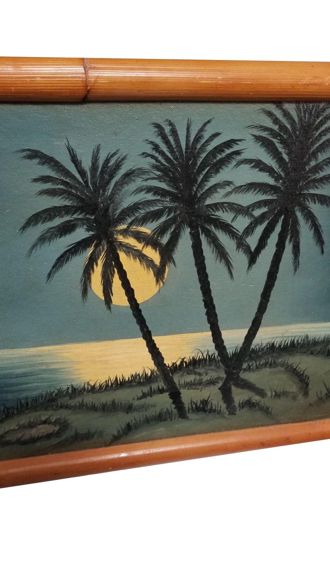 20th Century Hawaiian Oil on Canvas Ocean Liner Full Moon Scenic Landscape, Rattan Frame