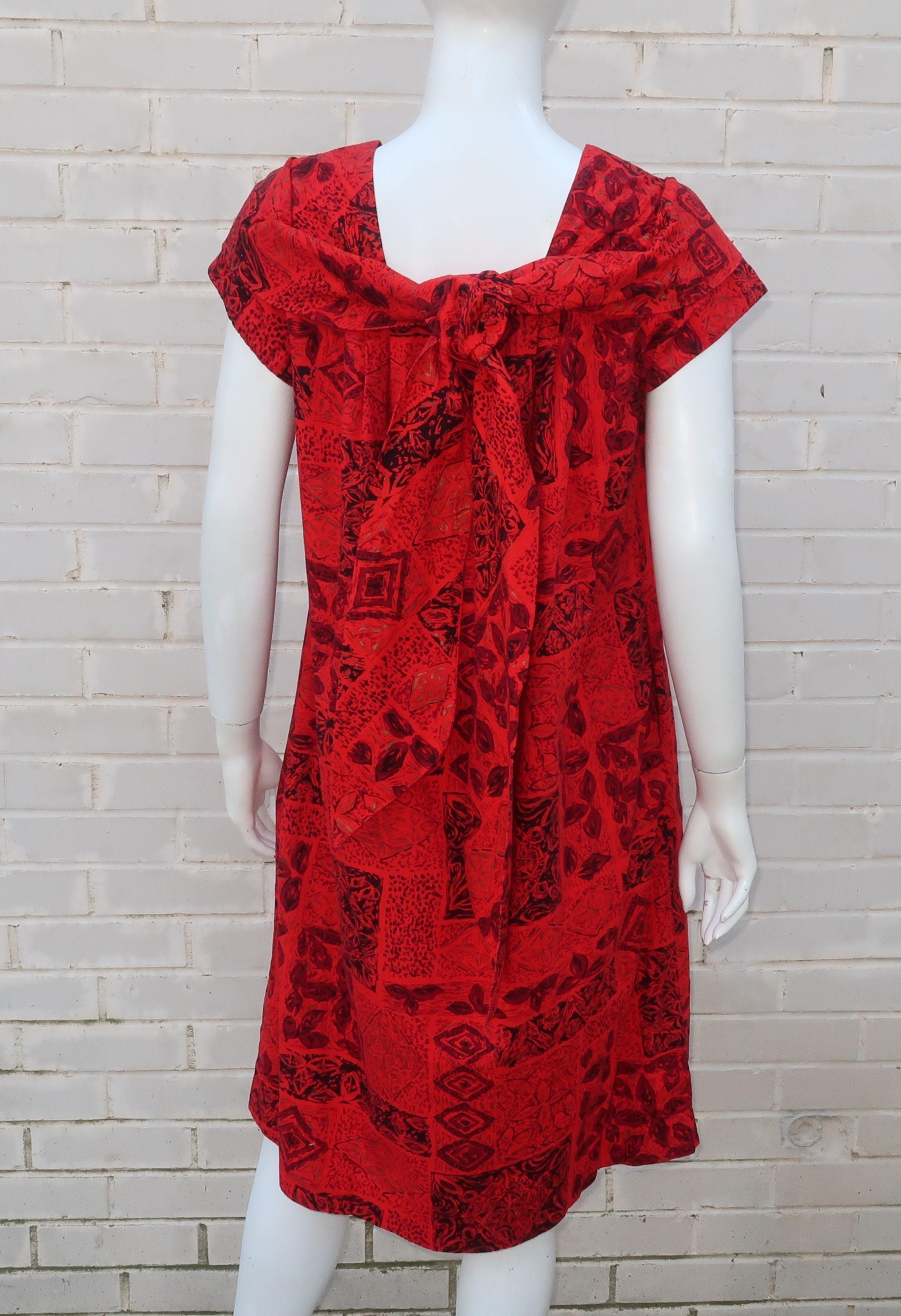 Hawaiian Red & Black Tiki Tribal Print Muumuu Dress, 1950's 3