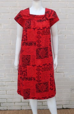 Hawaiian Red & Black Tiki Tribal Print Muumuu Dress, 1950's