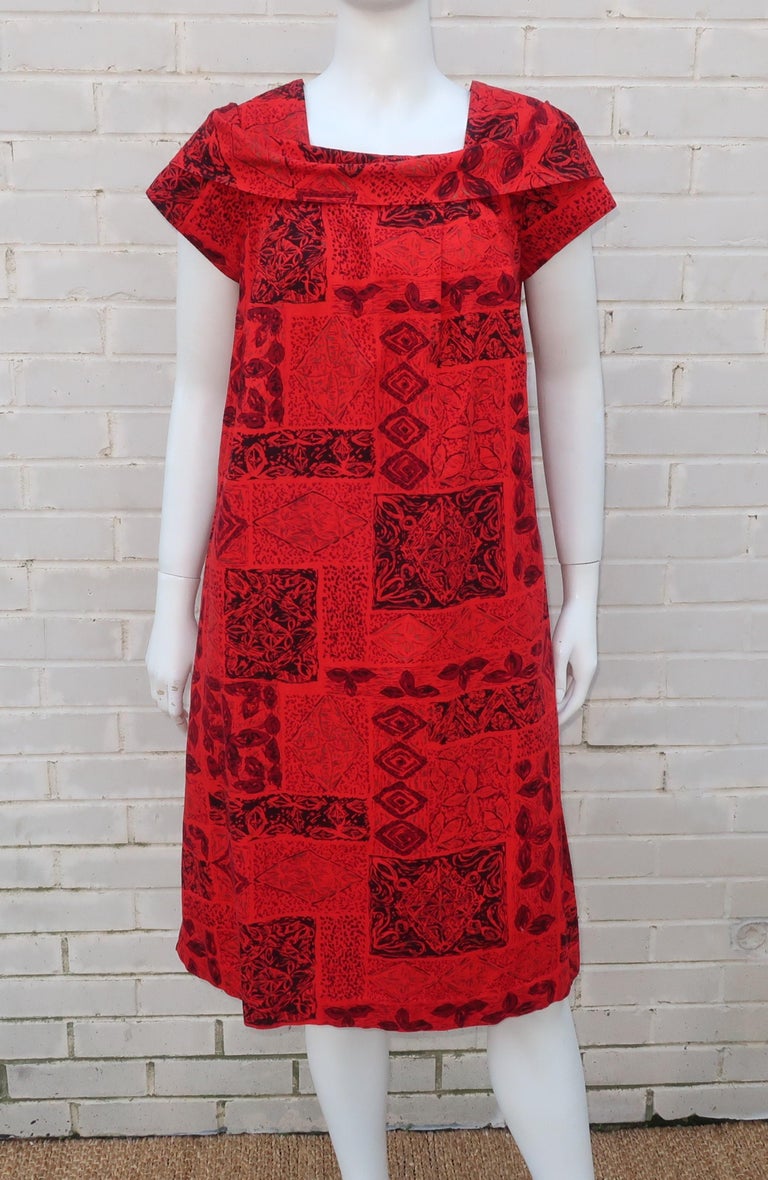 Hawaiian Red and Black Tiki Tribal Print Muumuu Dress, 1950's at
