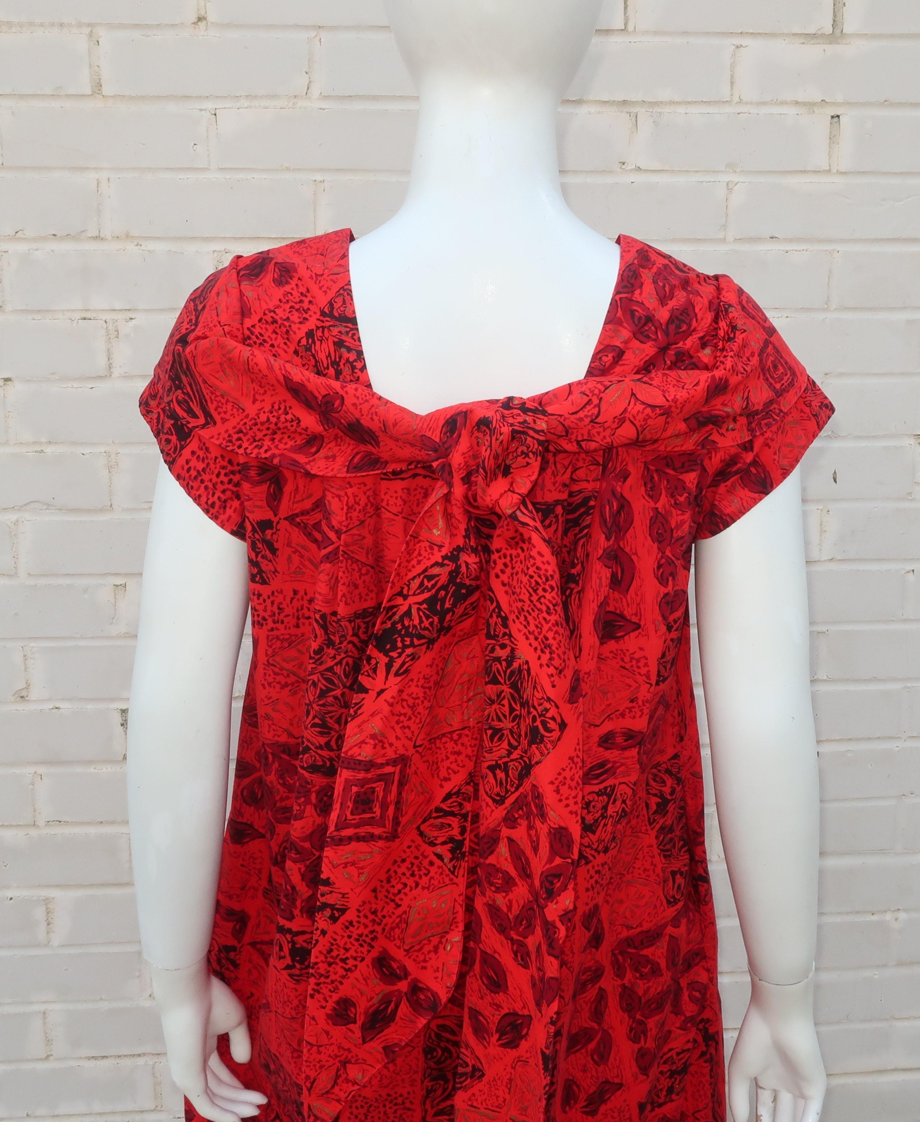 Hawaiian Red & Black Tiki Tribal Print Muumuu Dress, 1950's 2