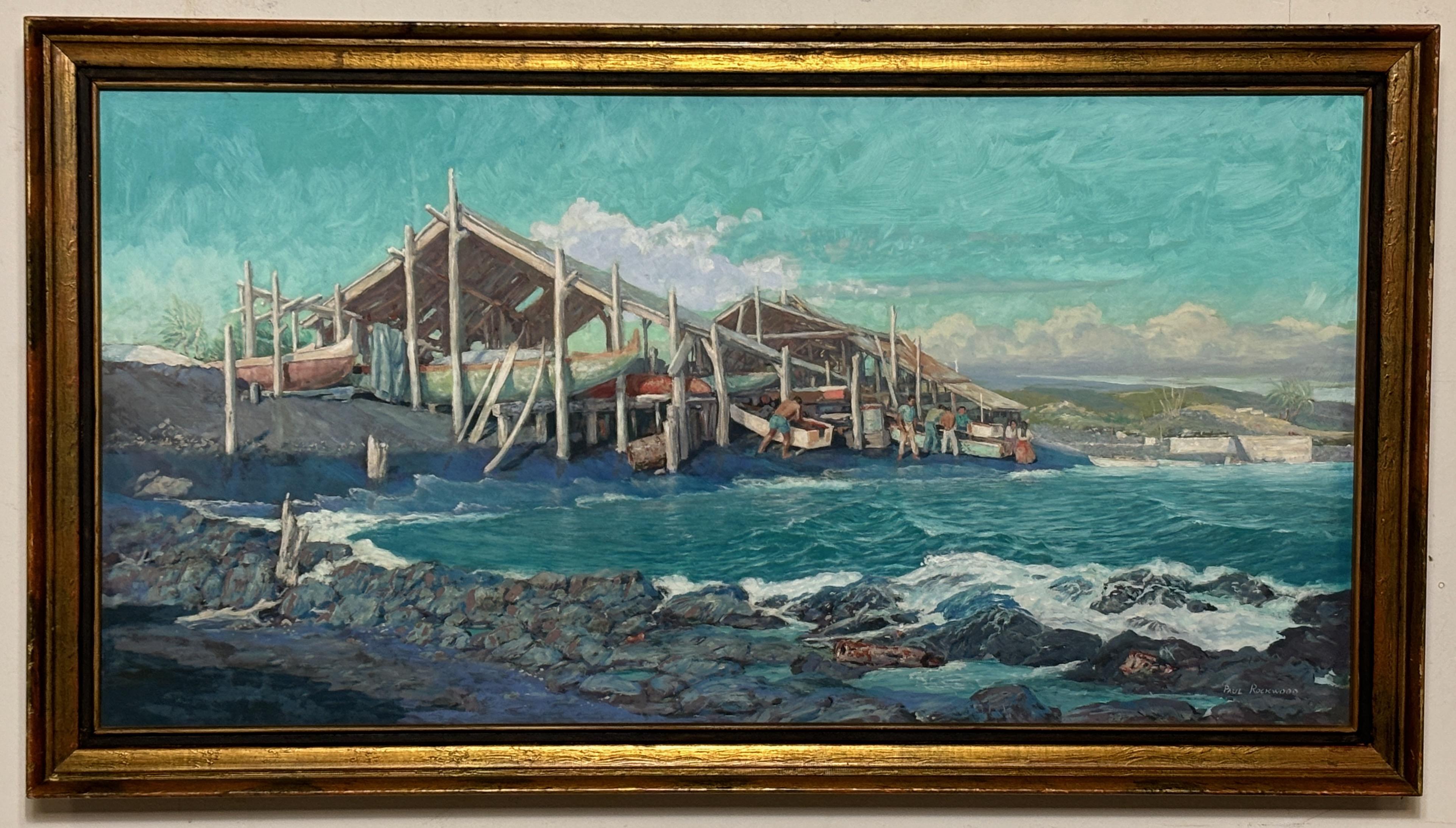 Quadro di paesaggio marino hawaiano, acrilico su masonite, firmato Paul Rockwood. 
Paul Rockwood (1895 - 1972)
Nasce a Monrovia, CA, il 12 gennaio 1895. Rockwood era residente a San Francisco negli anni '30. Morì a Oahu, HI, il 1° giugno