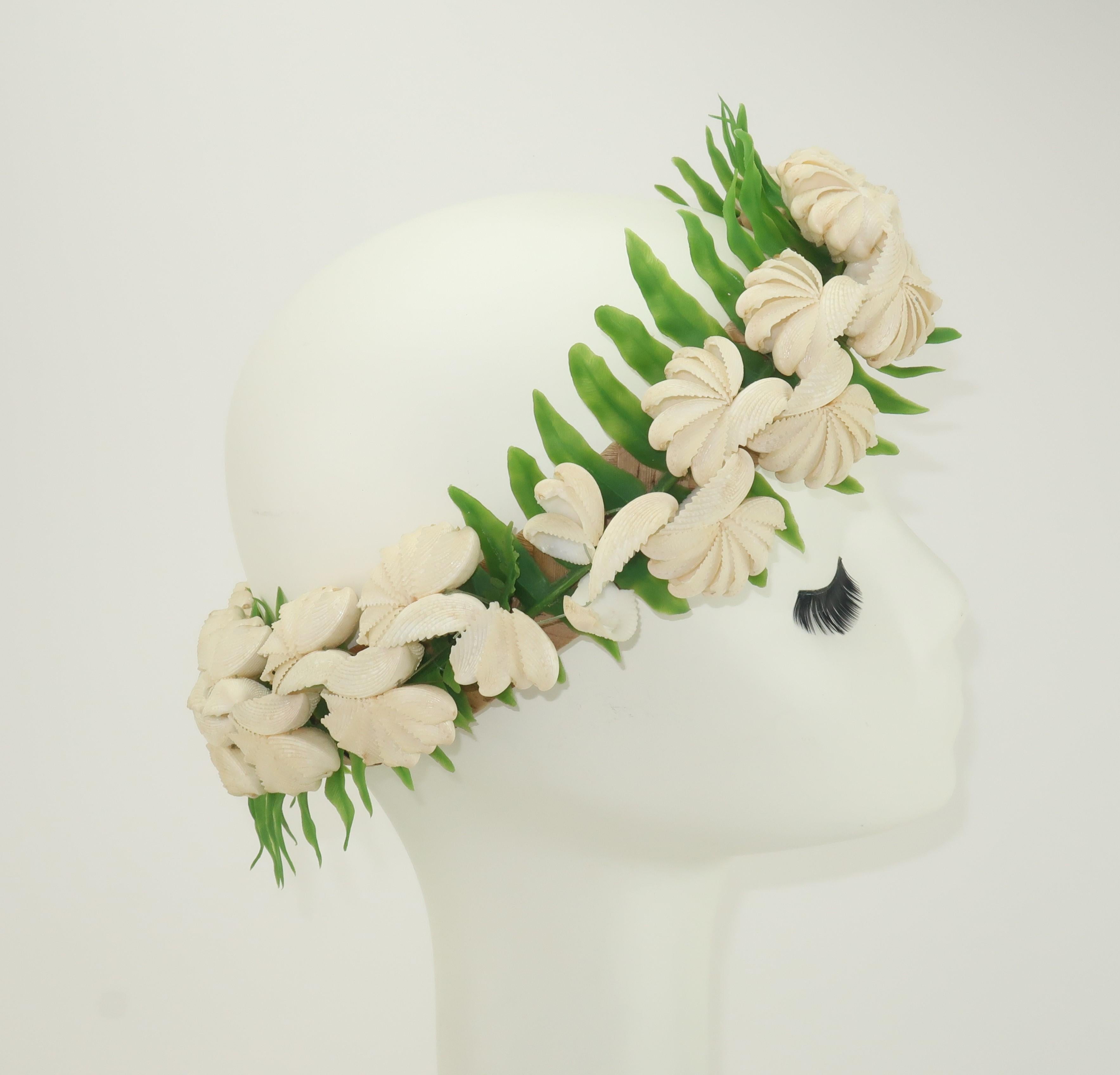 Beige Hawaiian Shell Wedding Crown Headdress Tiara, 1960's For Sale