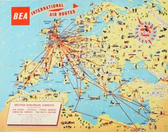 Original Vintage Poster BEA British European Airways International Air Route Map