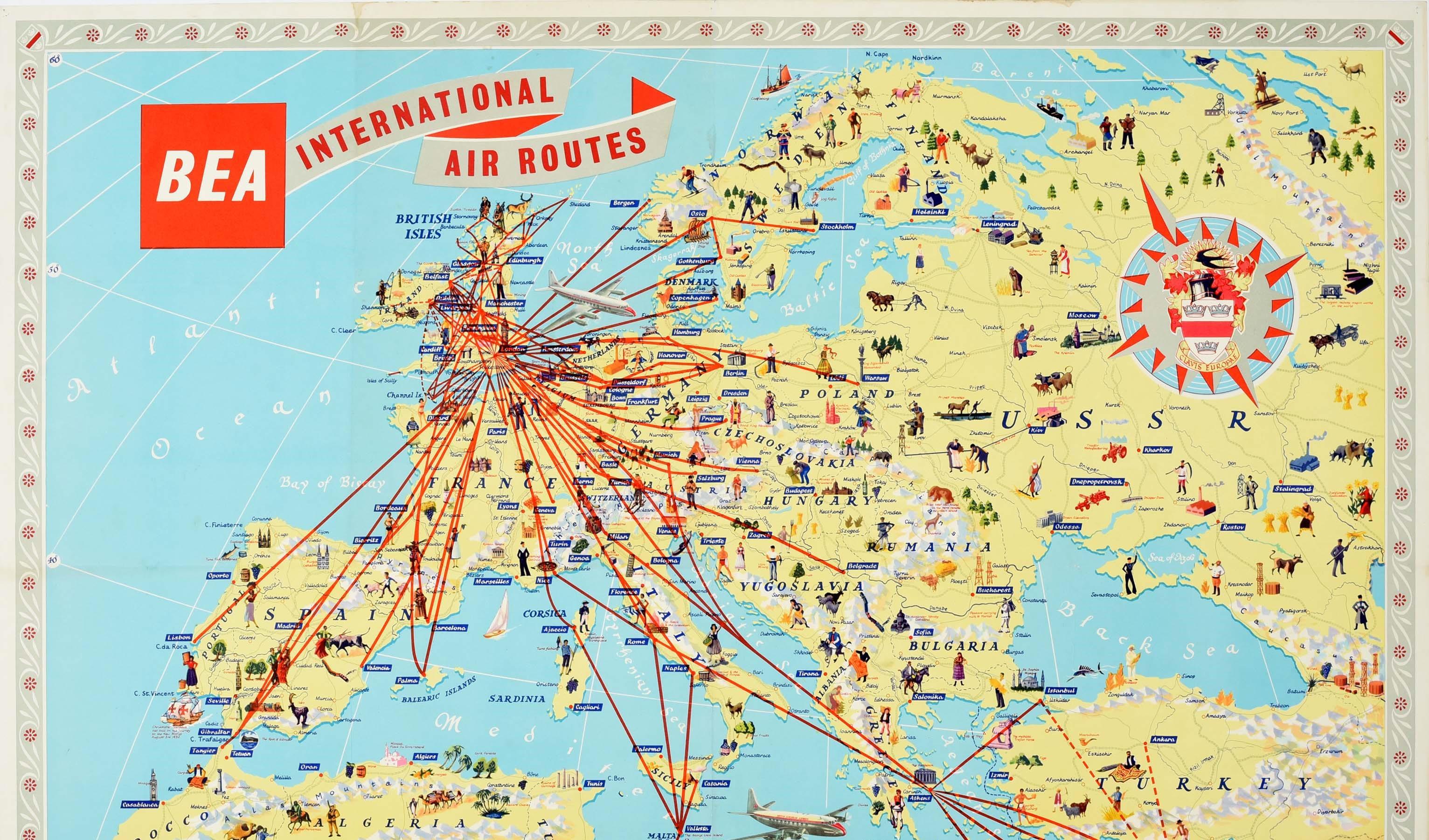Original-Vintage-Poster, BEA British European Airways International Air Route Map (Beige), Print, von Hawes