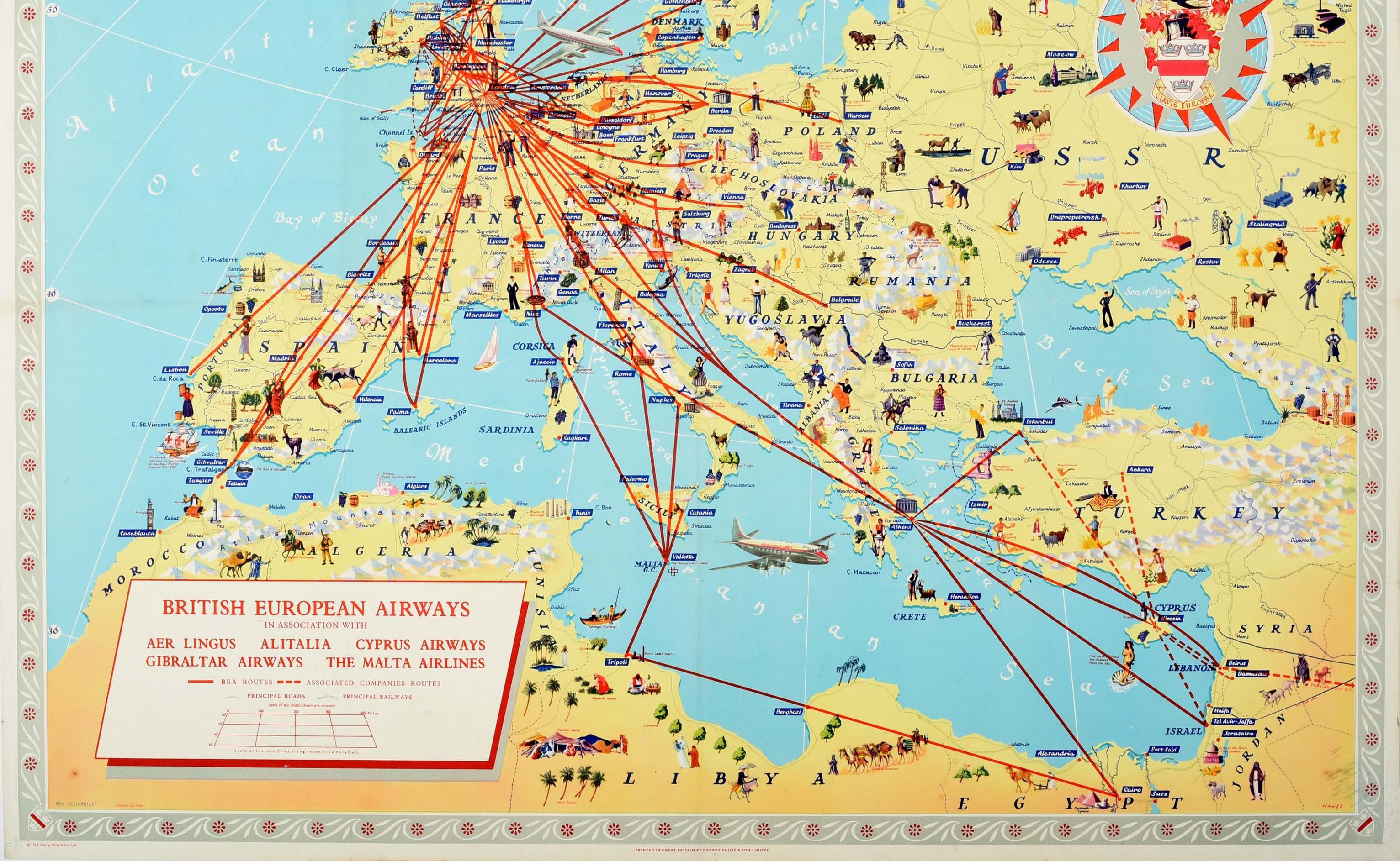 Originales Vintage-Reise-Werbeplakat für BEA British European Airways International Air Routes mit einer illustrierten Karte, die die Fluglinien und die damit verbundenen Verbindungen mit Aer Lingus Alitalia Cyprus Airways Gibraltar Airways und The