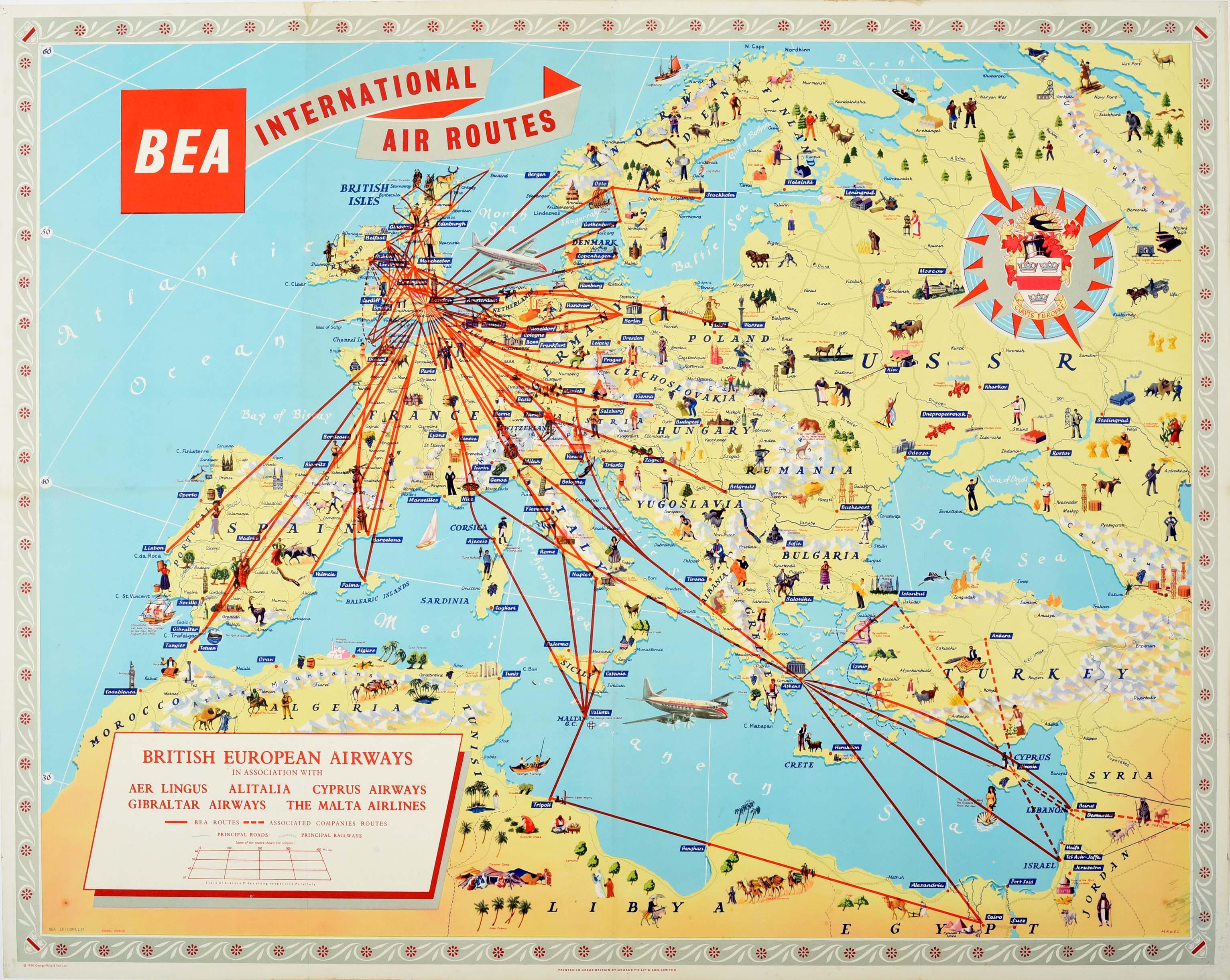 Hawes Print – Original-Vintage-Poster, BEA British European Airways International Air Route Map