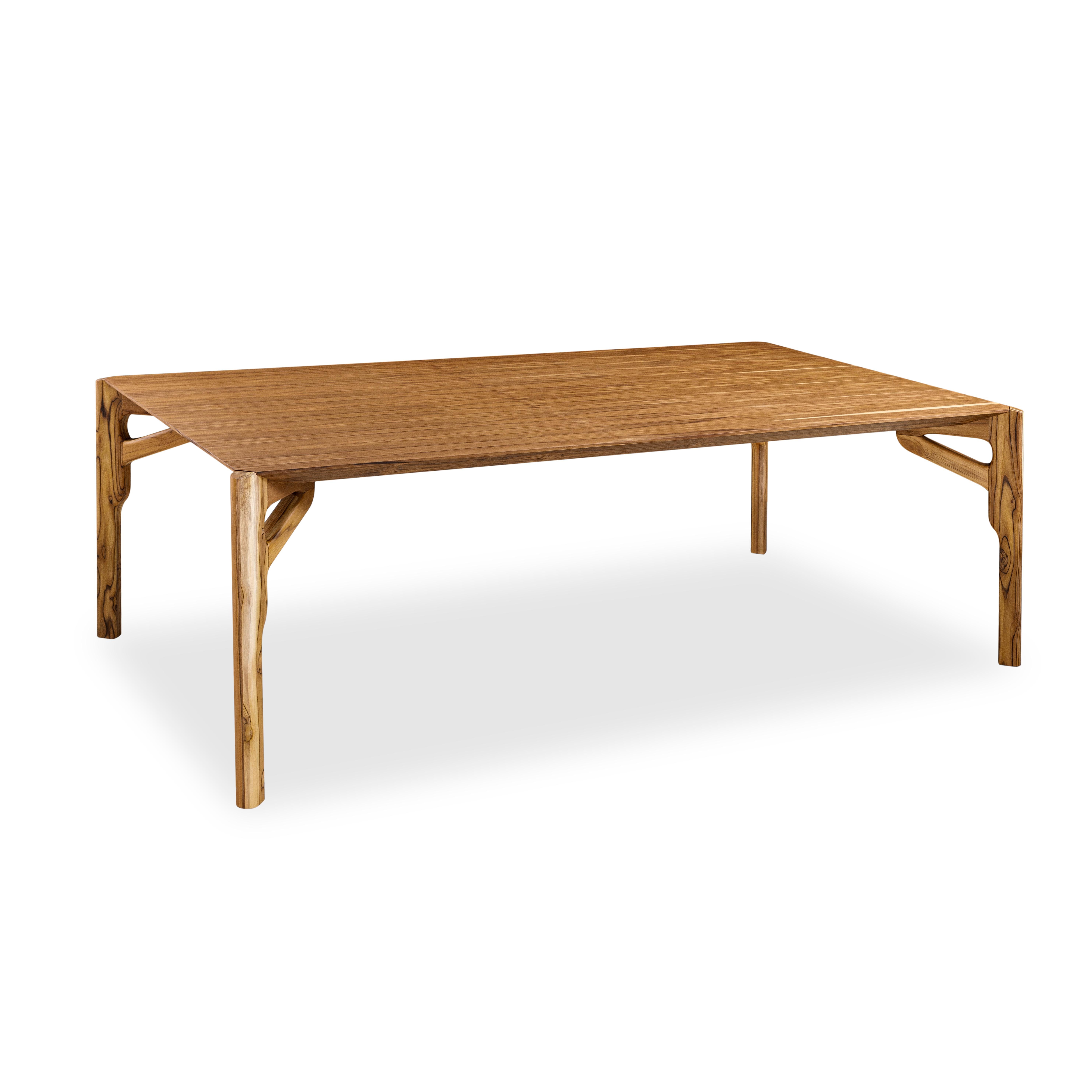 Brazilian Hawk Dining Table with a Teak Wood Veneered Table Top 86'' For Sale