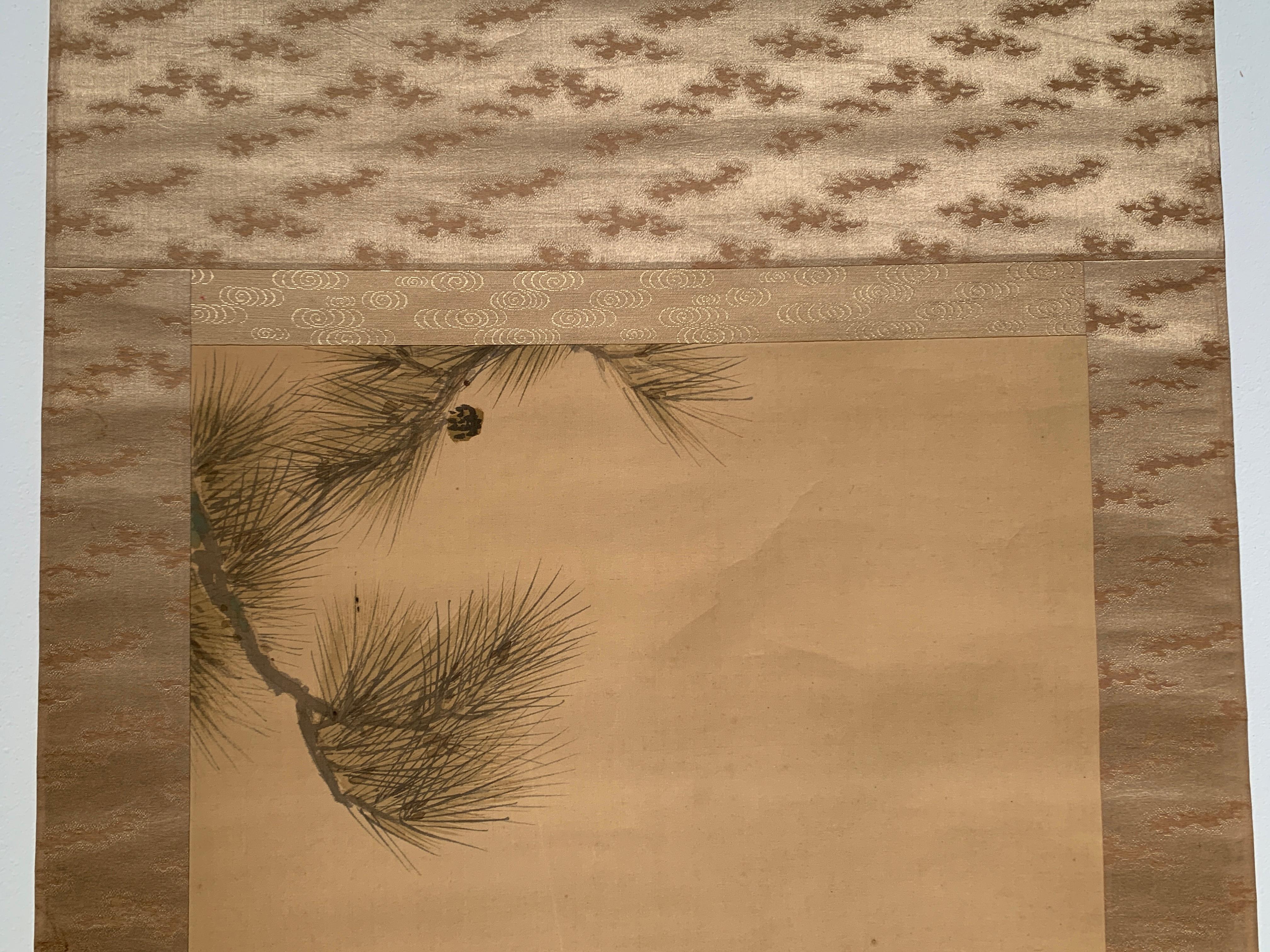 Hawk on Pine, Japanese Hanging Scroll Painting by Shunsen, Meiji Period, Japan In Fair Condition In Austin, TX