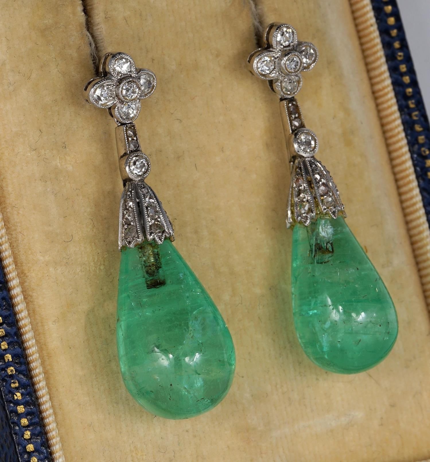 Everlasting Beauties
Authentic Art Deco high end pair of antique earrings
Platinum made, French origin
Sleek elegant design, very easy wear on day or at night
Featuring two large Natural Emerald drops being 35.80 Ct for both (20 mm. x 11 mm.)