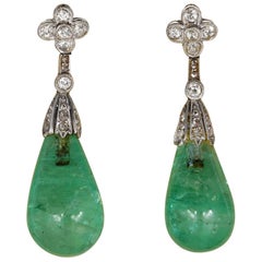 Hawkantiques Art Deco 35.80 Carat Natural Emerald Diamond Platinum Earrings