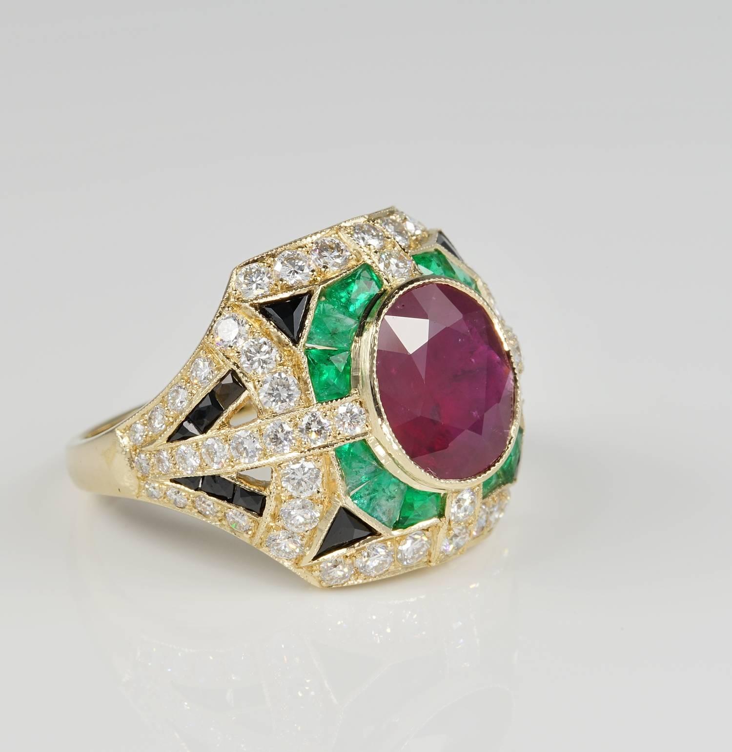Impressive and colourful, unique design made as a mosaic of natural gemstones attracting the attention for the captivating motifs
Centring a large natural Ruby of intense plum red colour – heat treated – being 2.90 Ct. in weight looking even bigger