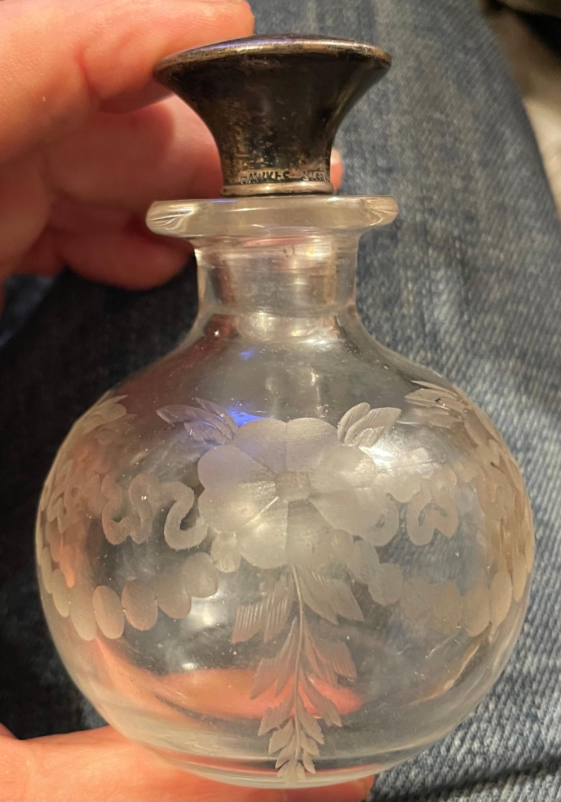 American Hawkes Cut Glass Etched Crystal Sterling Silver Stopper Vanity Perfume Bottle For Sale