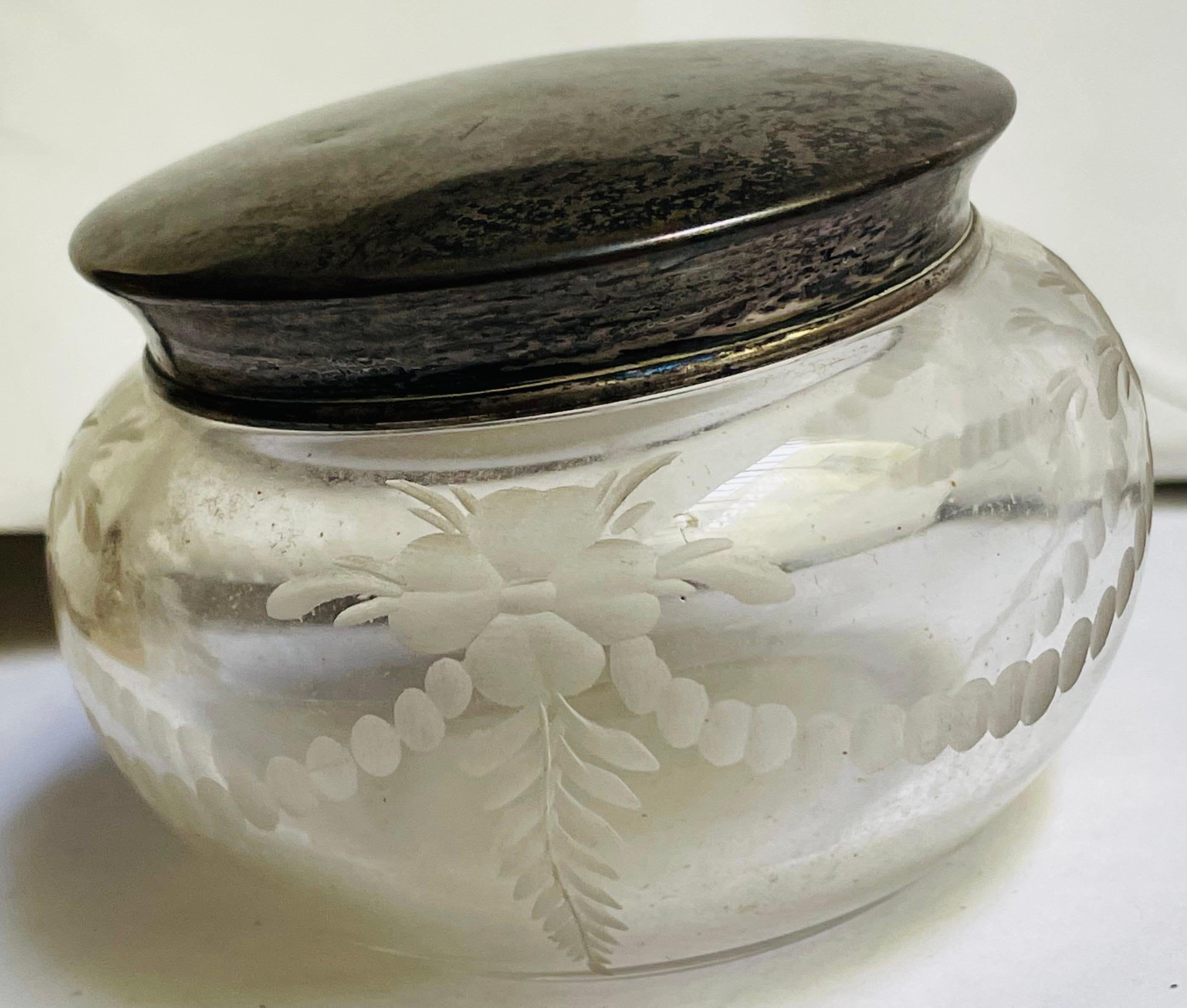 Hawkes Cut Glass Etched Crystal Sterling Silver Top Vanity Powder Trinket Jar For Sale 6
