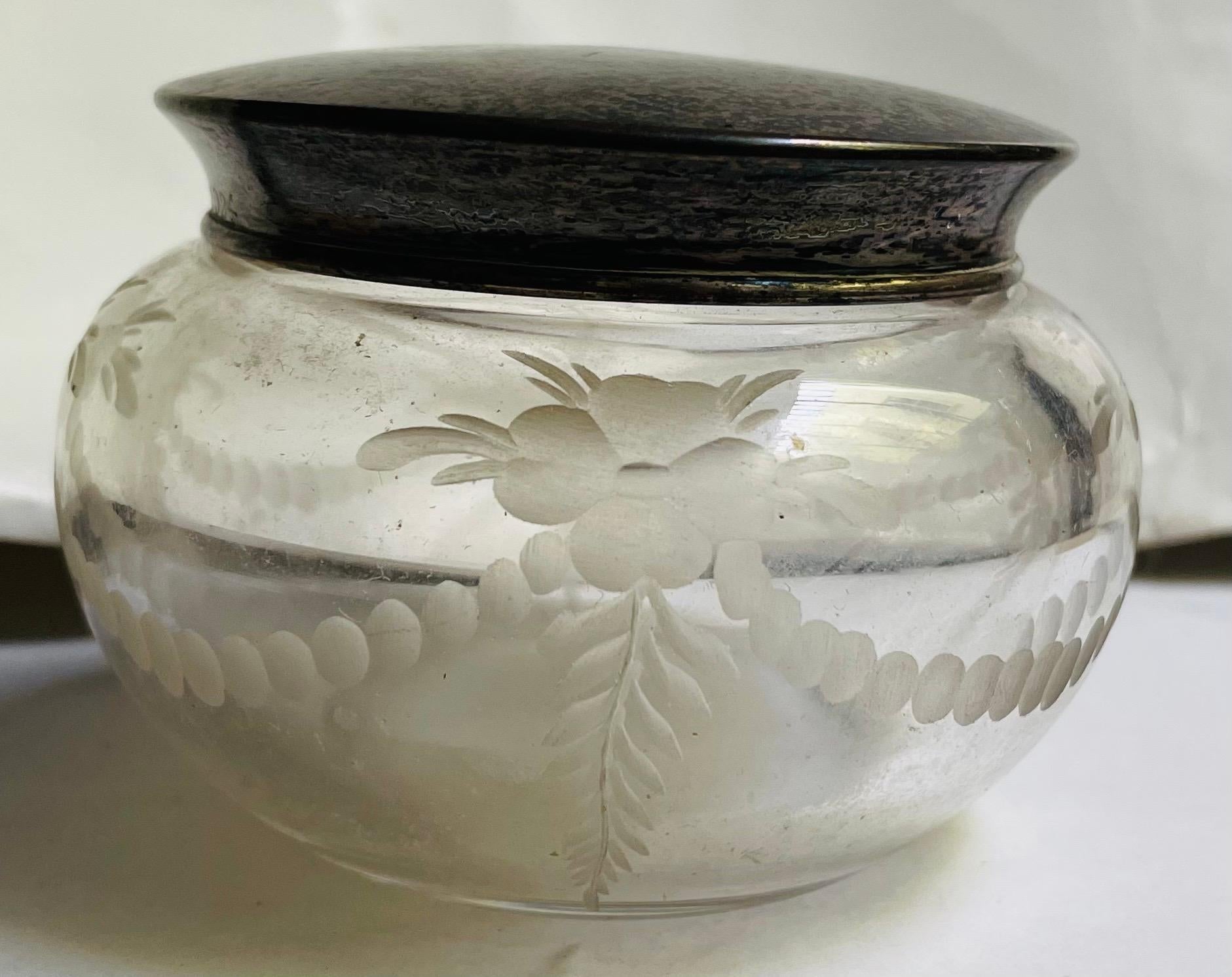 20th Century Hawkes Cut Glass Etched Crystal Sterling Silver Top Vanity Powder Trinket Jar For Sale