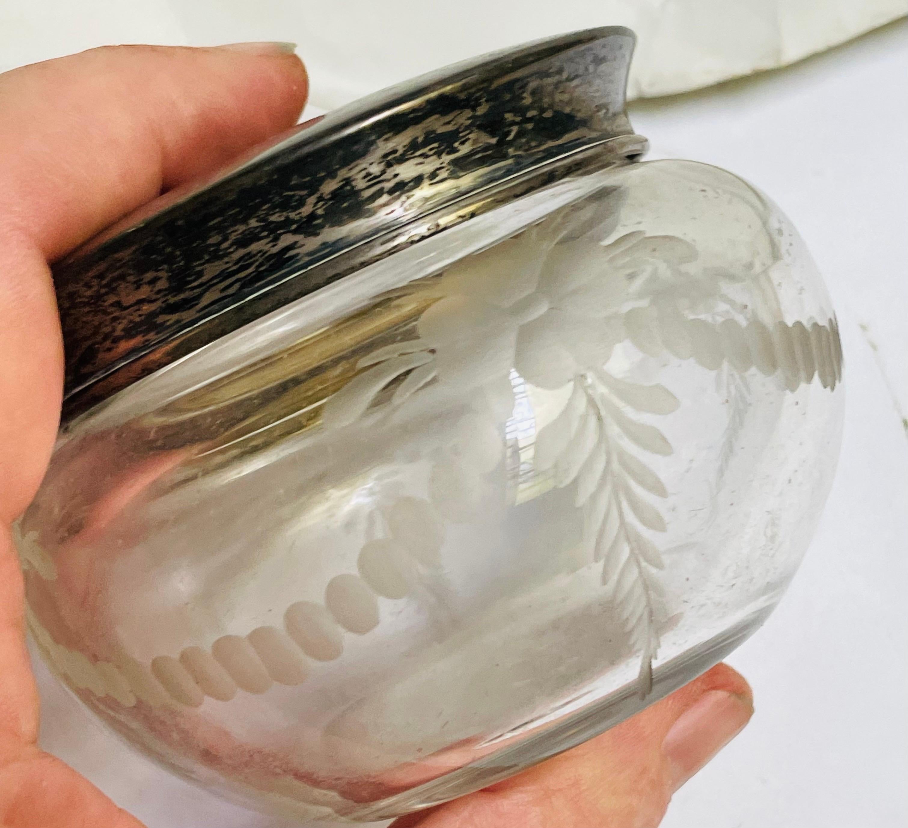 Hawkes Cut Glass Etched Crystal Sterling Silver Top Vanity Powder Trinket Jar For Sale 1