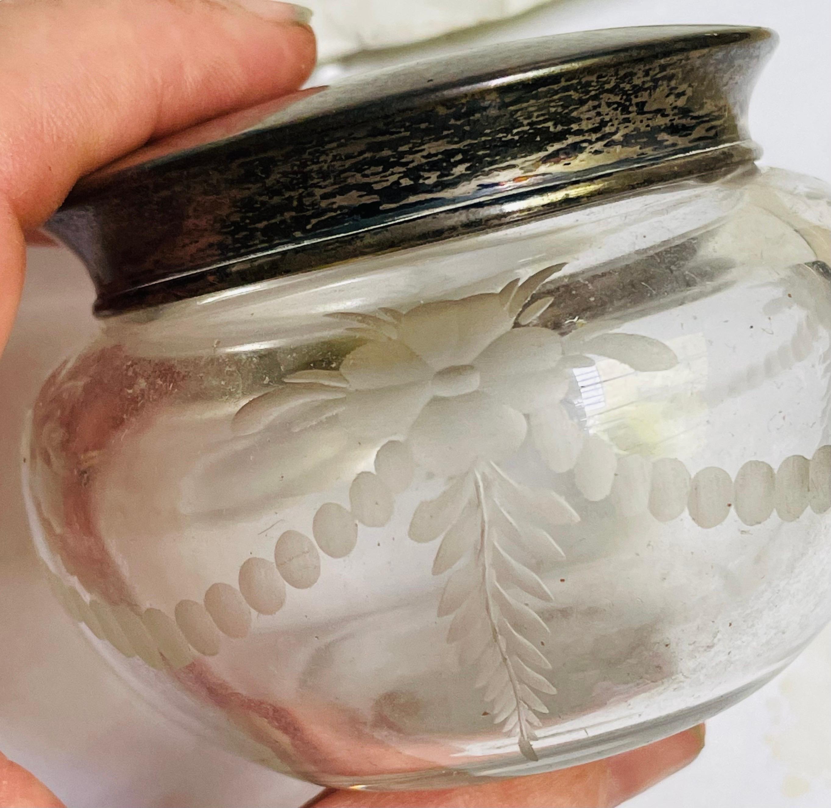 Hawkes Cut Glass Etched Crystal Sterling Silver Top Vanity Powder Trinket Jar For Sale 2