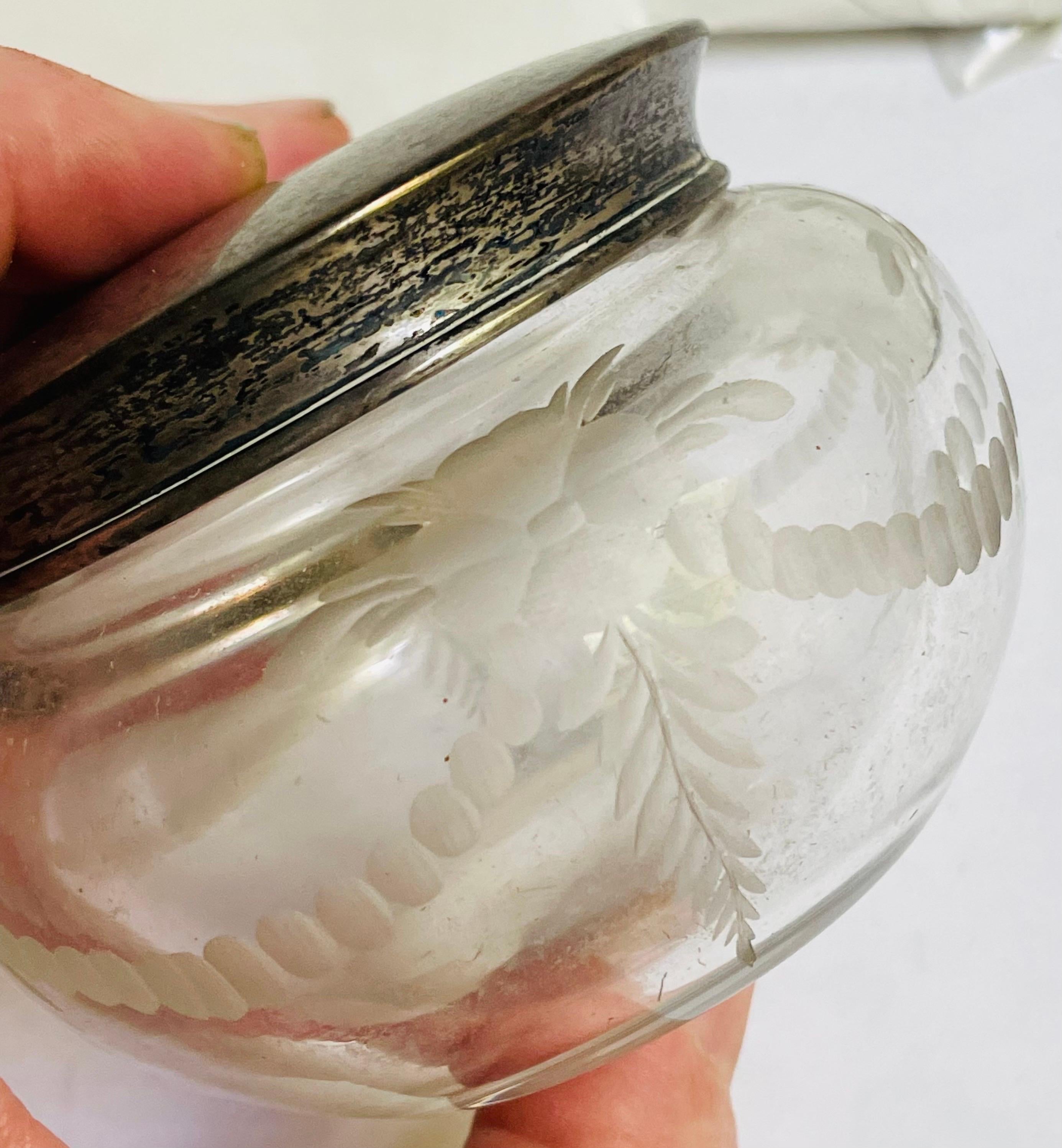 Hawkes Cut Glass Etched Crystal Sterling Silver Top Vanity Powder Trinket Jar For Sale 3