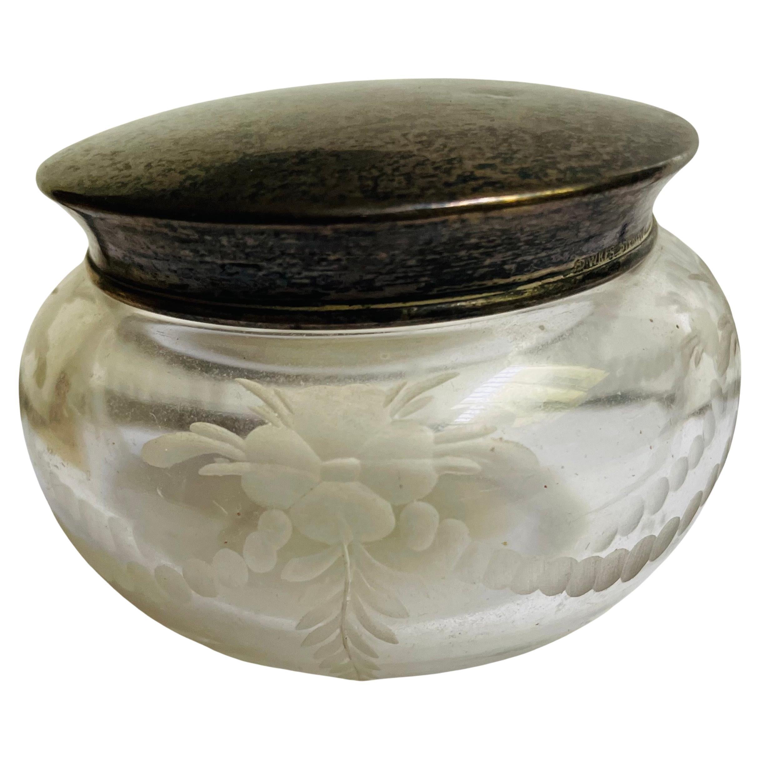 Hawkes Cut Glass Etched Crystal Sterling Silver Top Vanity Powder Trinket Jar