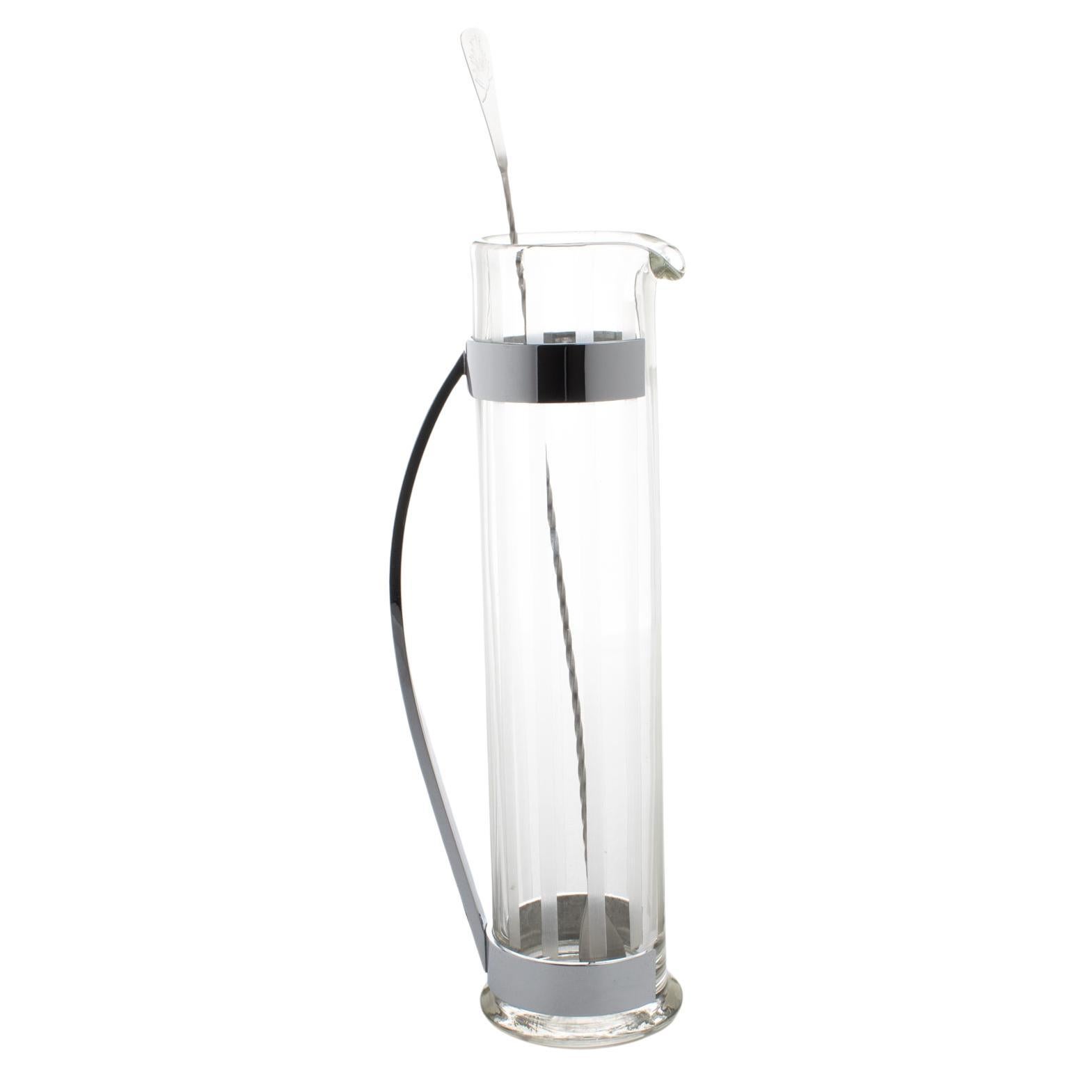 Hawkes Glass and Chrome Barware Skyscraper Cocktail Martini Pitcher, circa 1940