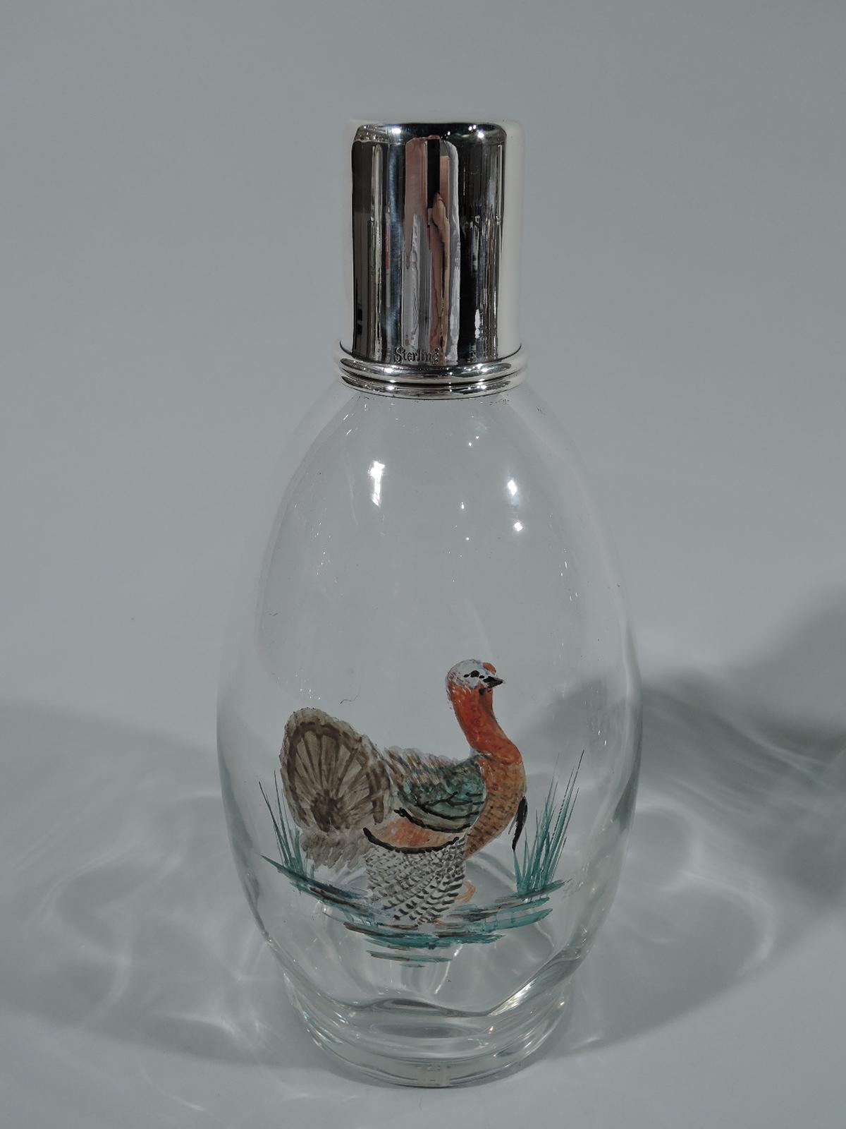 Edwardian Hawkes Sterling Silver and Enameled Glass Rooster and Hen Decanters