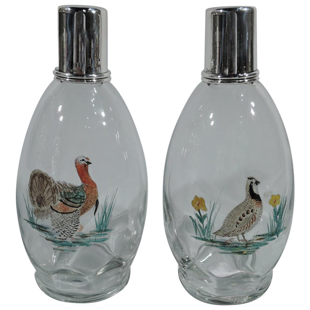 Hawkes Sterling Silver and Enameled Glass Rooster and Hen Decanters