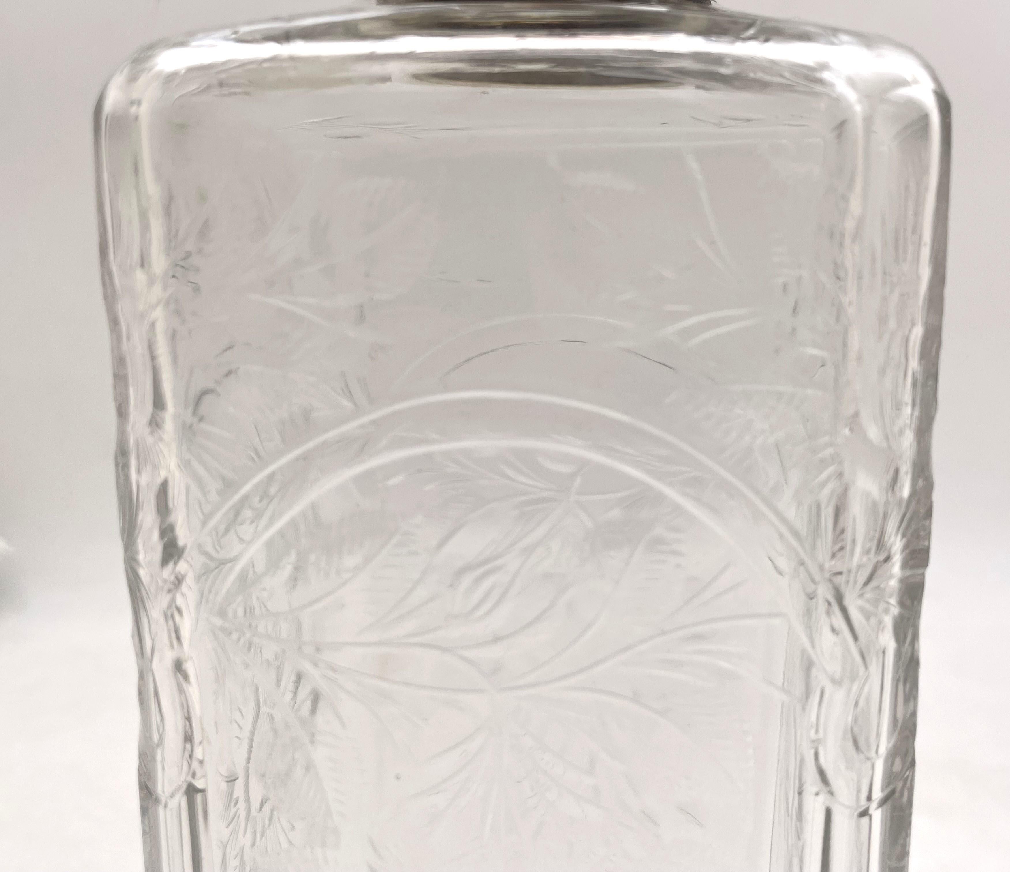 American Hawkes Sterling Silver & Etched Glass Bar Decanter in Art Deco Style For Sale