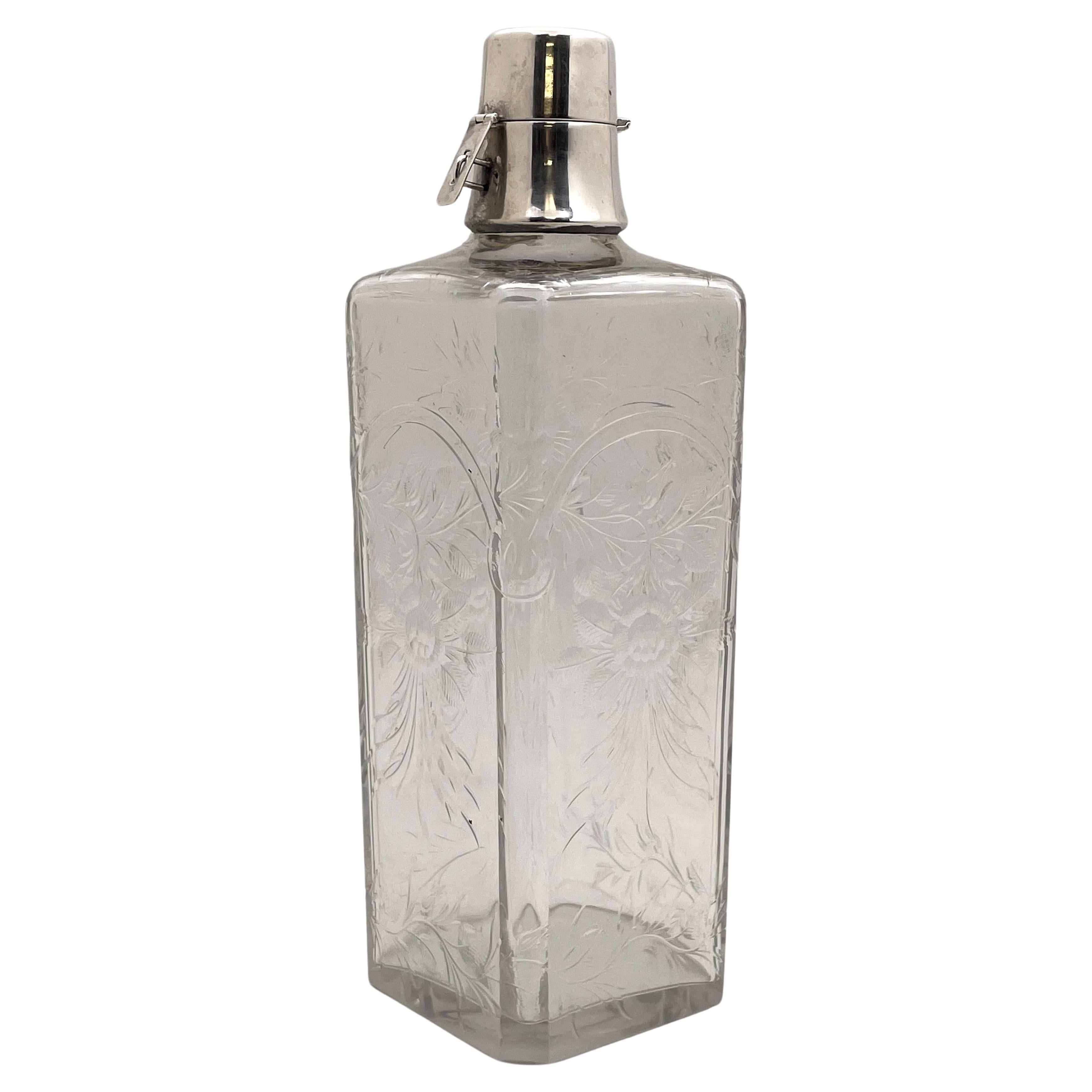 Hawkes Sterling Silver & Etched Glass Bar Decanter in Art Deco Style For Sale