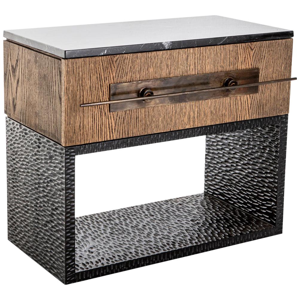 Hawkstone Hand Chiseled Wood, Timber, Marble and Bronzed Steel Bedside Pedestal