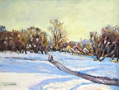 Hawley Nell original American Antique Painting Impressionist winter gold framed