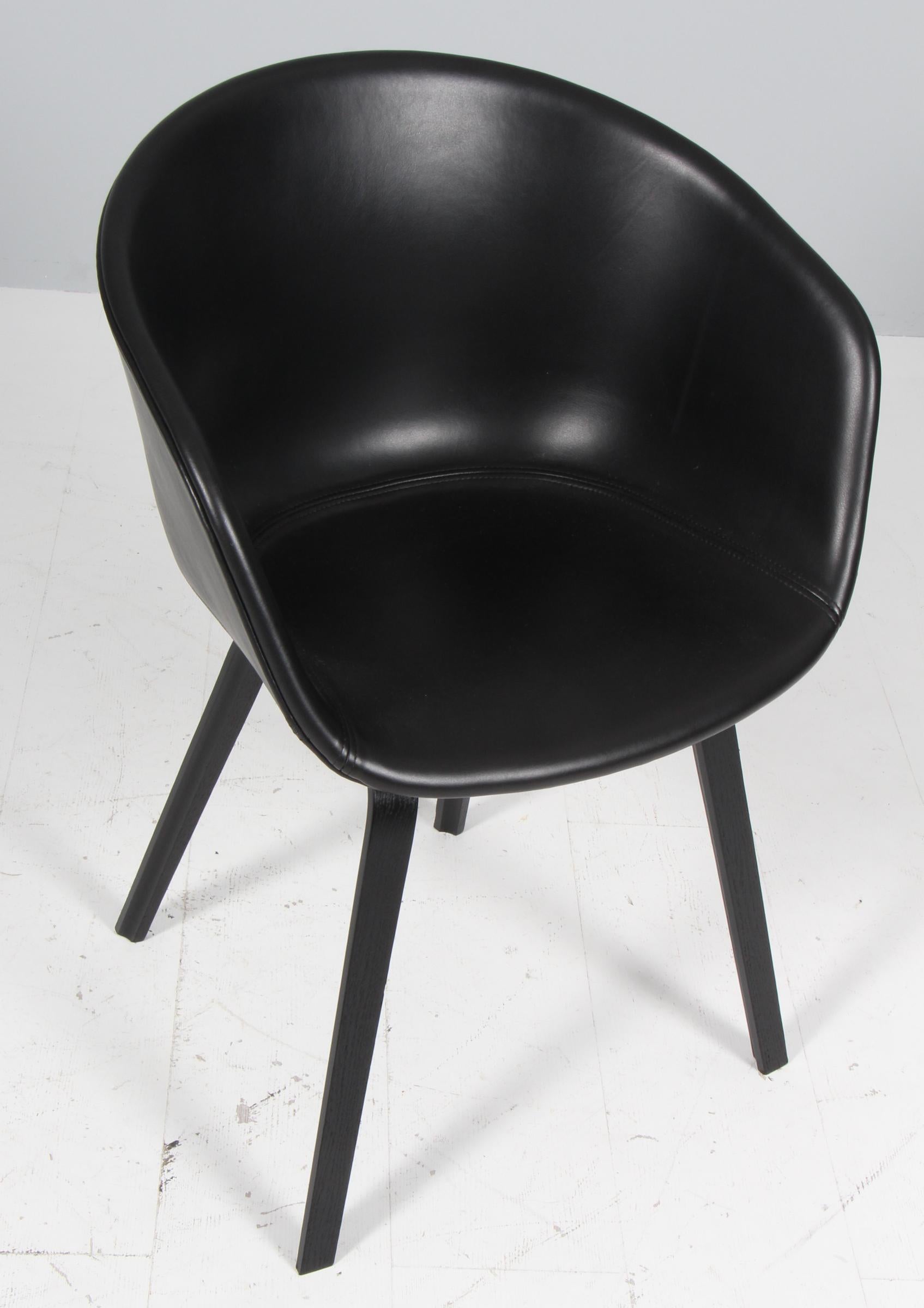 Scandinavian Modern Hay dining chairs model AAC22, Black stained oak and black silk aniline leather For Sale