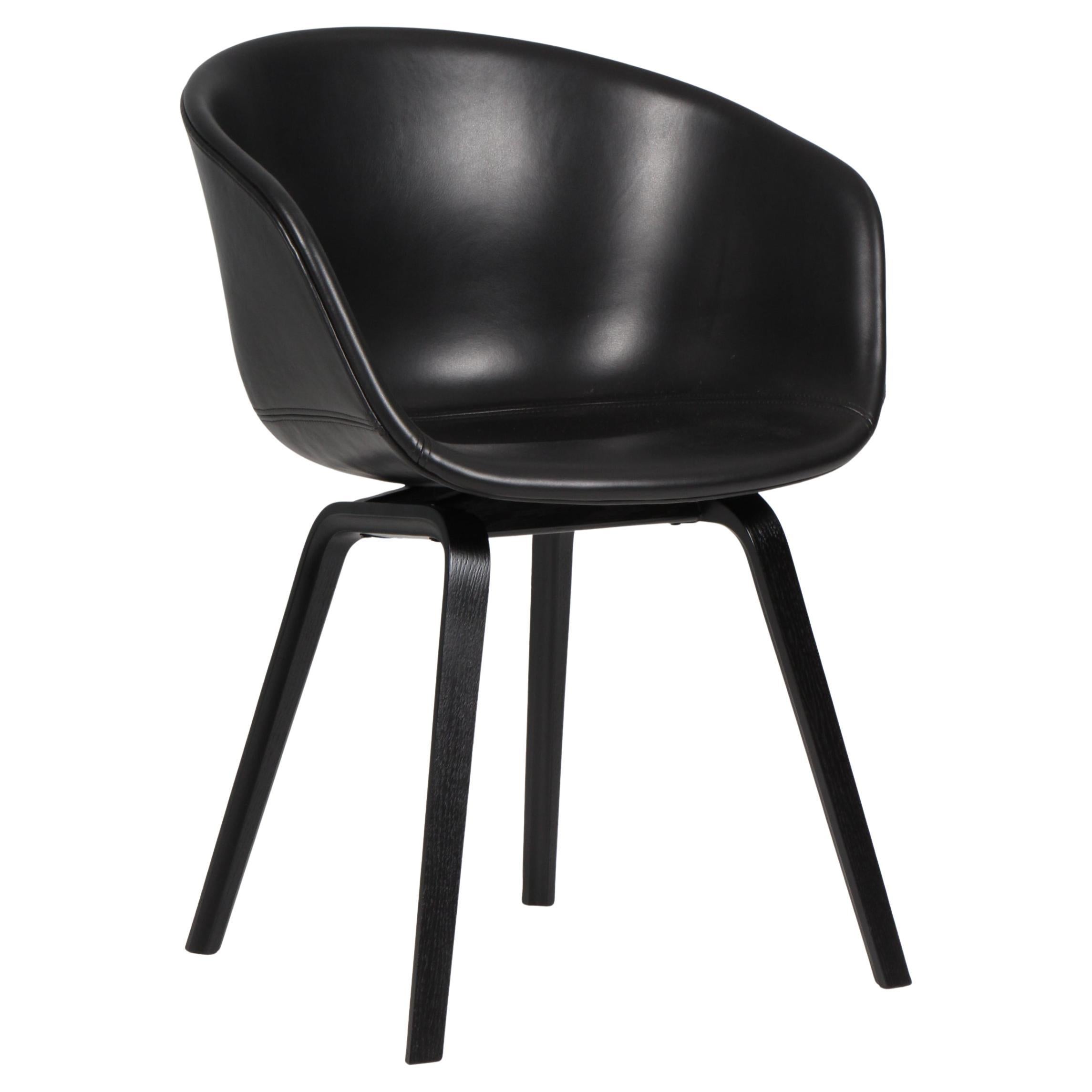 Hay dining chairs model AAC22, Black stained oak and black silk aniline leather