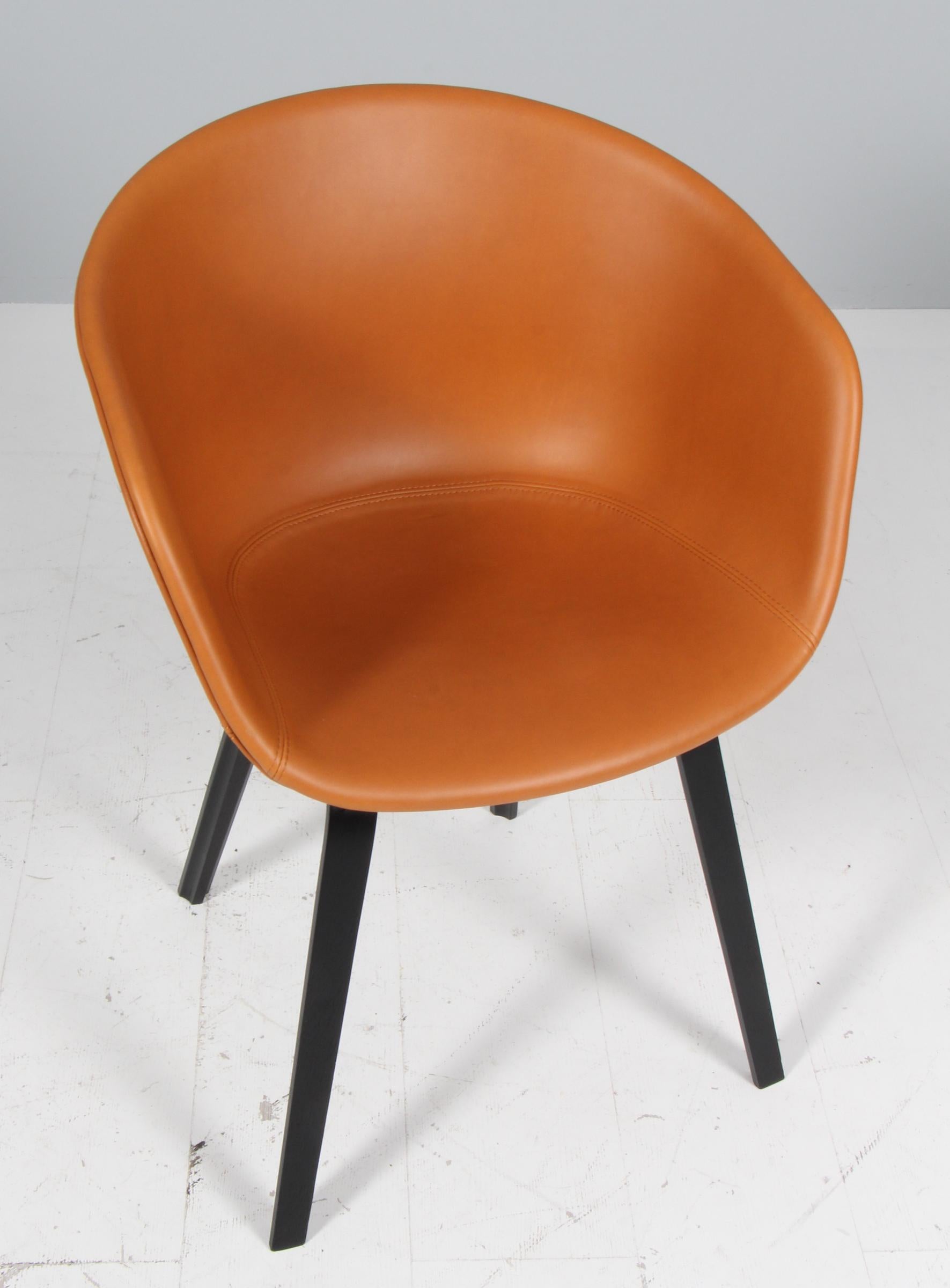 Scandinavian Modern Hay dining chaurs model AAC22, Black stained oak and cognac silk aniline leather For Sale