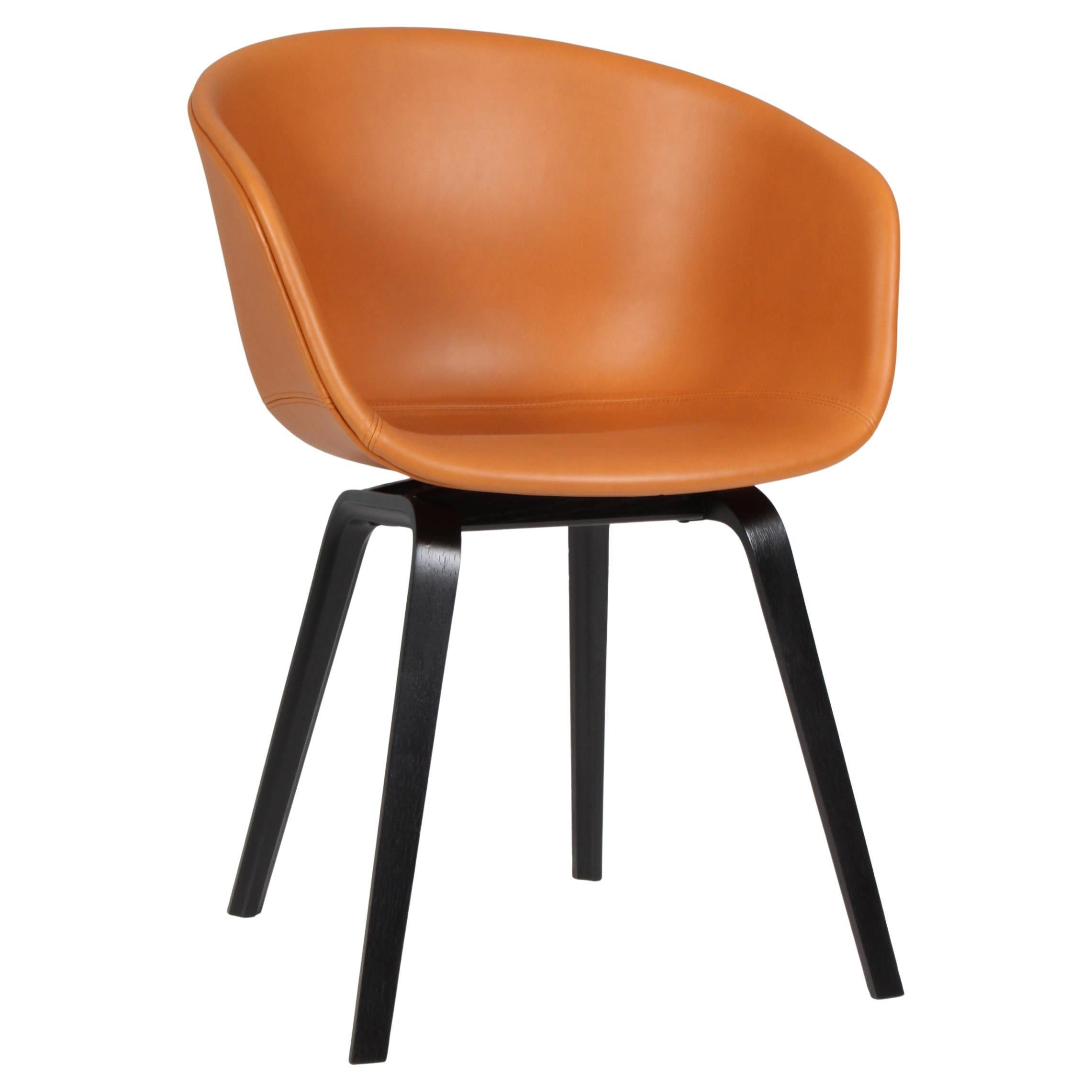 Hay dining chaurs model AAC22, Black stained oak and cognac silk aniline leather For Sale