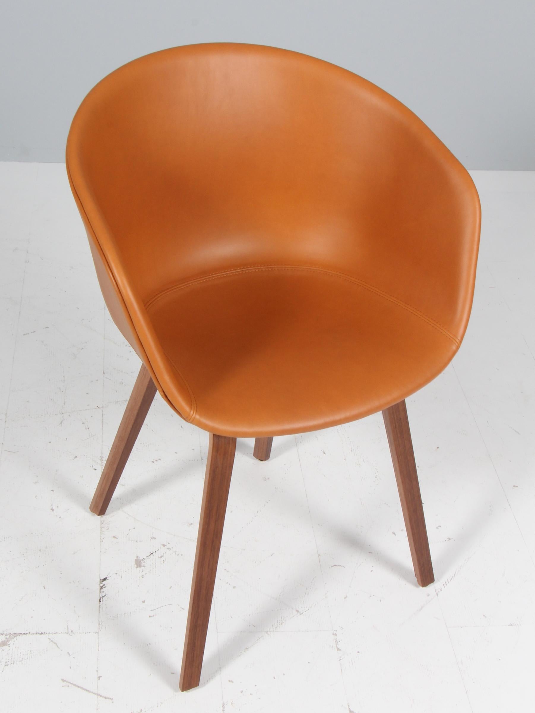 Scandinavian Modern Hay dining chaurs model AAC22, walnut and cognac silk aniline leather For Sale