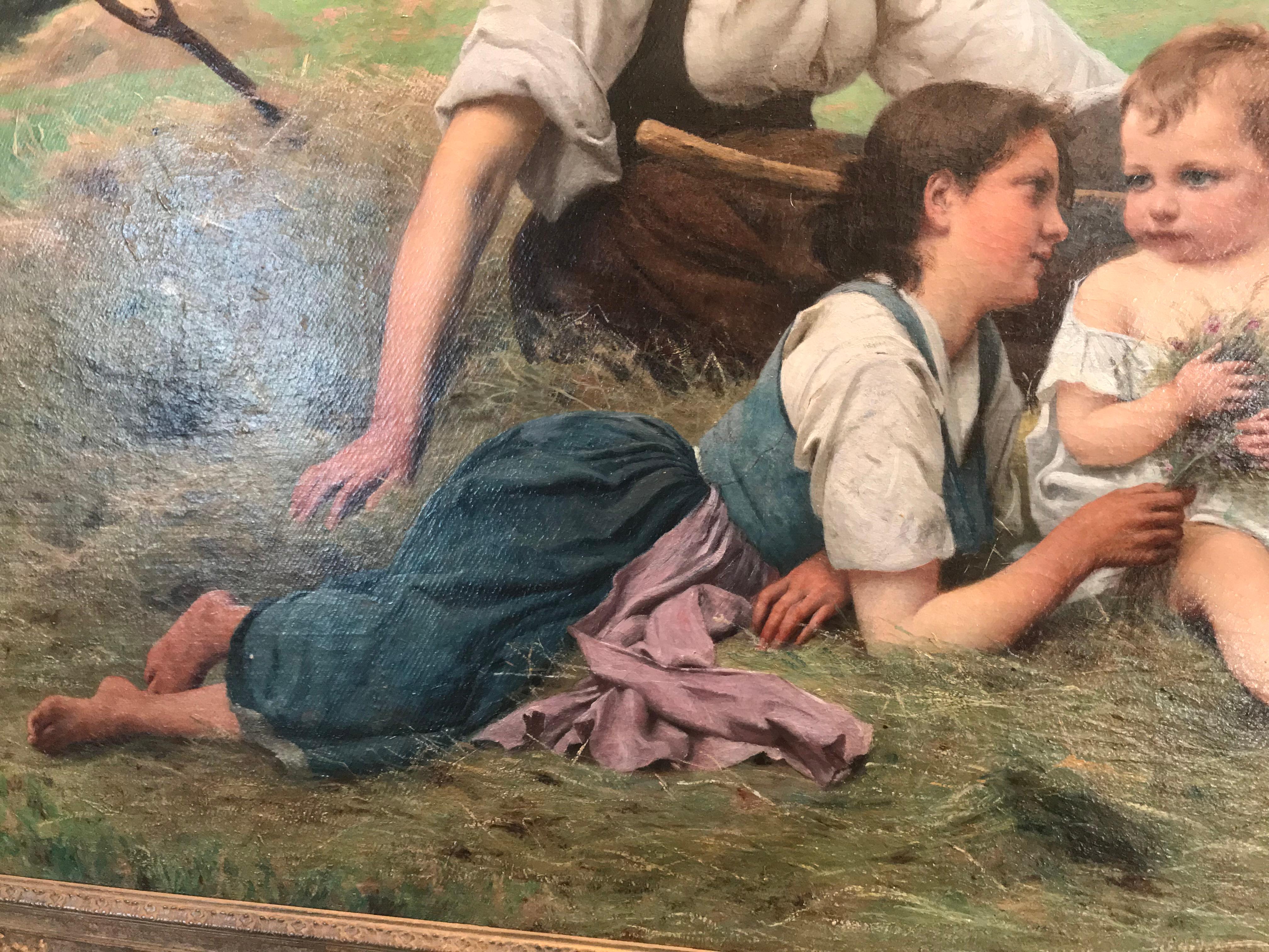 Hand-Carved Hay Gatherer at Rest in the Field by Francois Alfred Delobbe 1881 Oil on Canvas